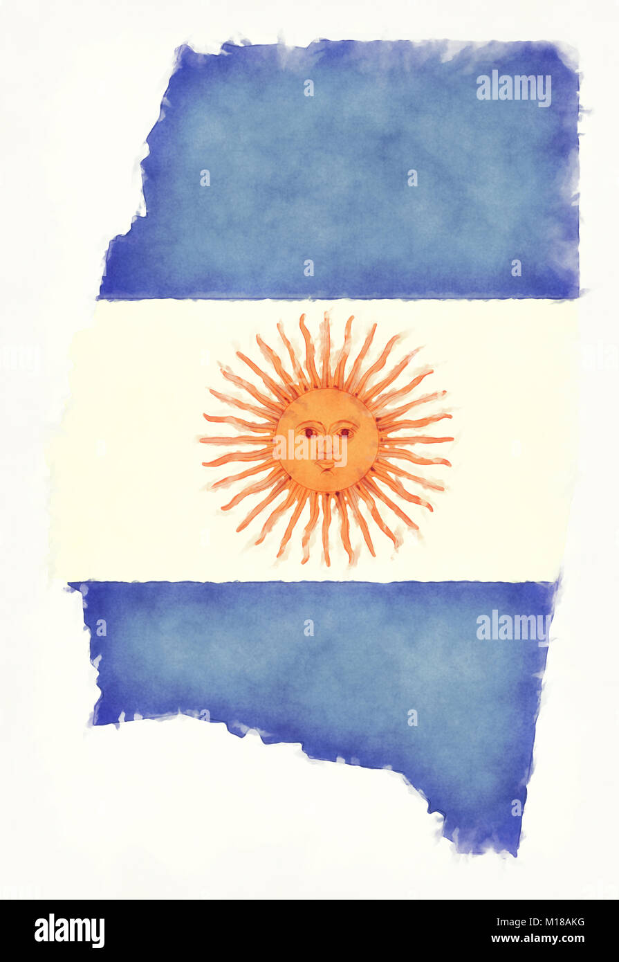 Santiago del Estero watercolor map with Argentinian national flag in front of a white background Stock Photo