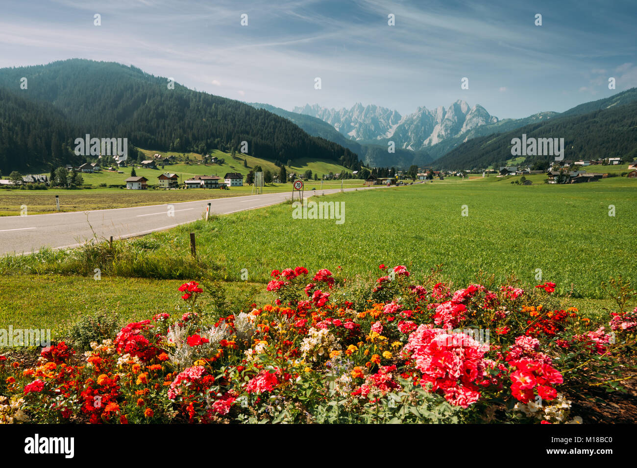 Highway in Gosau village at sunny day Stock Photo