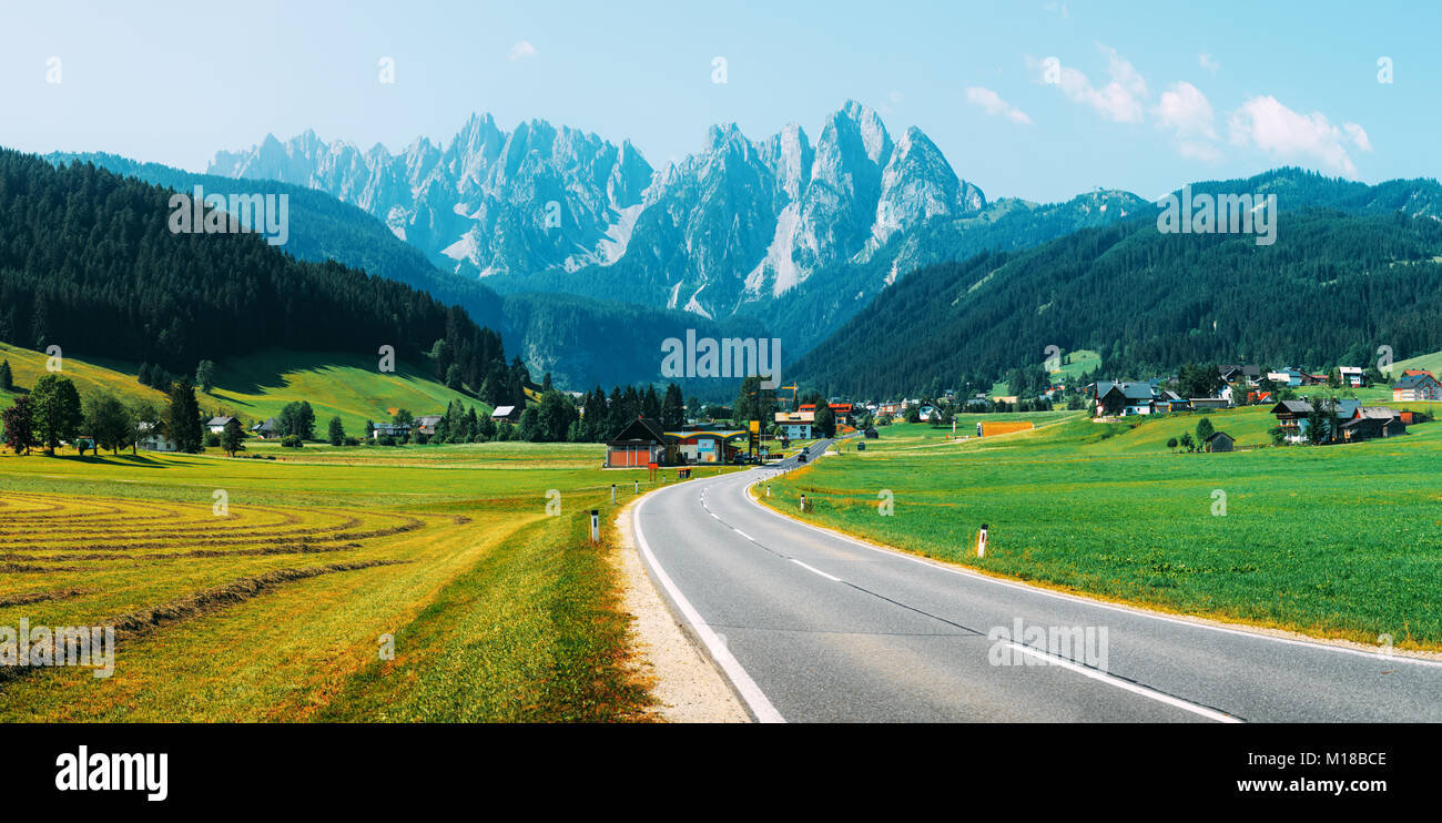 Highway in Gosau village at sunny day Stock Photo
