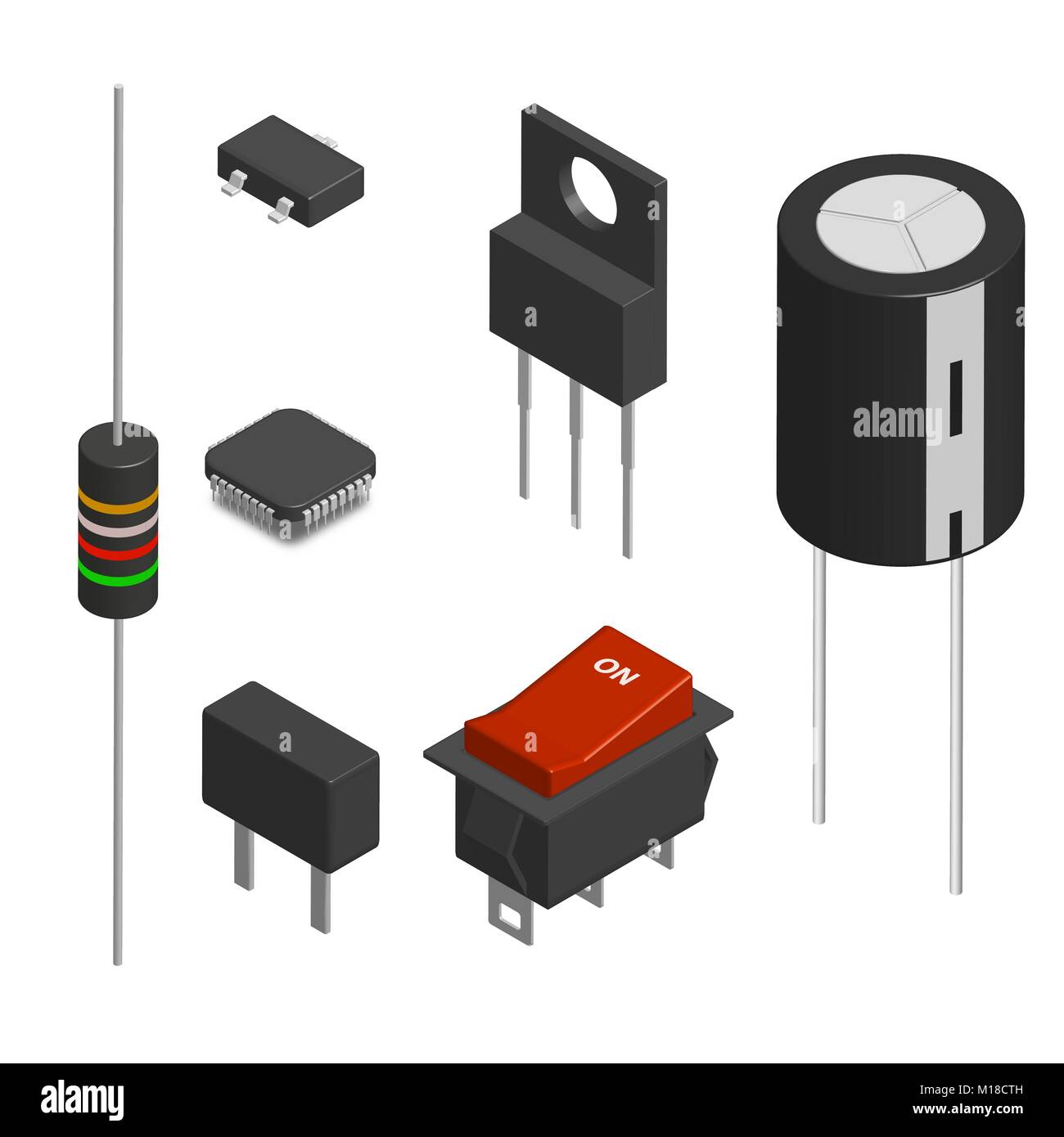 Set of different active and passive electronic components isolated on white background. Resistor, capacitor, diode, microcircuit, fuse and button. 3D  Stock Vector