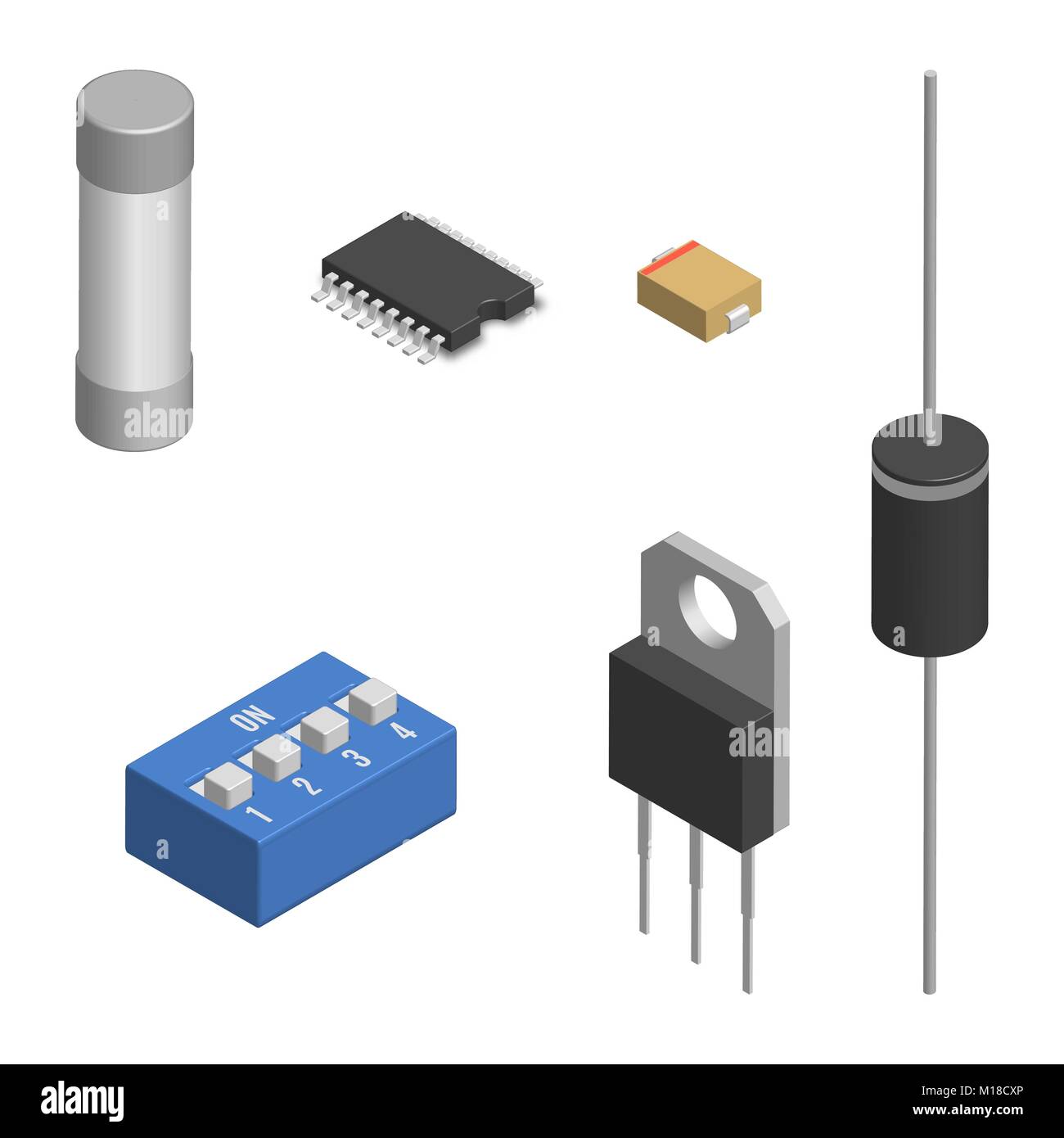 Set of different active and passive electronic components isolated on ...