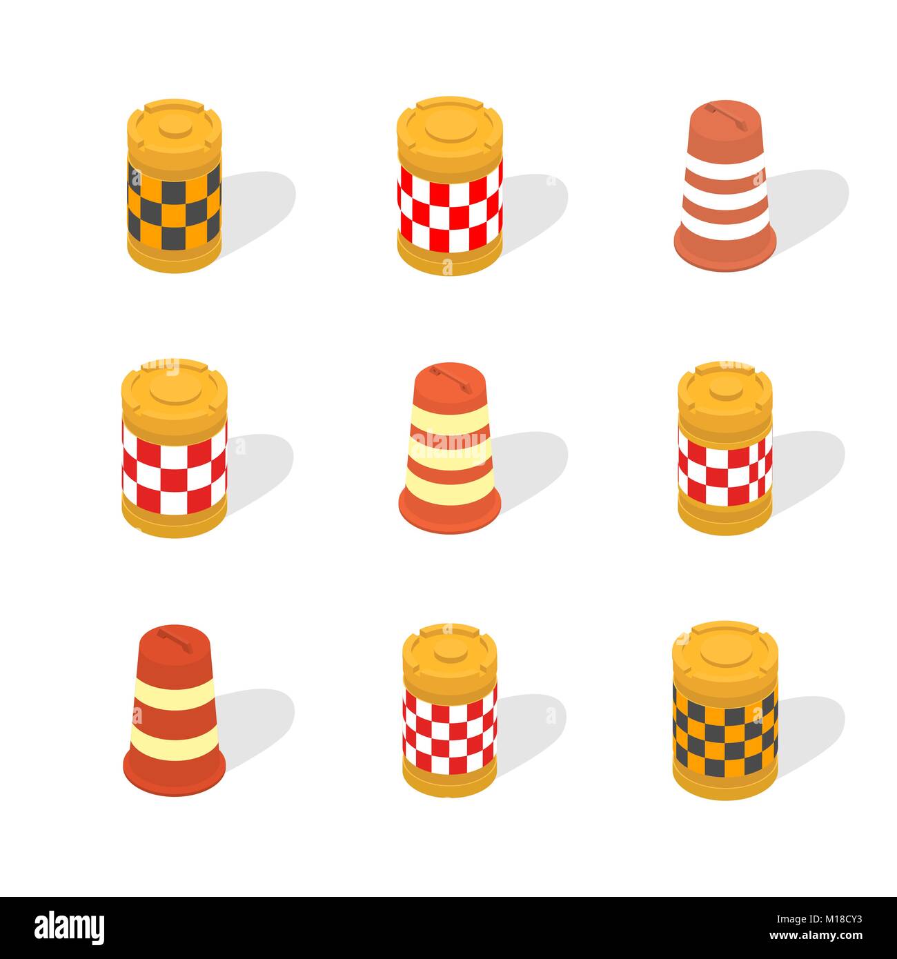 Set of different road water barrel, isolated on white background. Flat 3d isometric style, vector illustration. Stock Vector