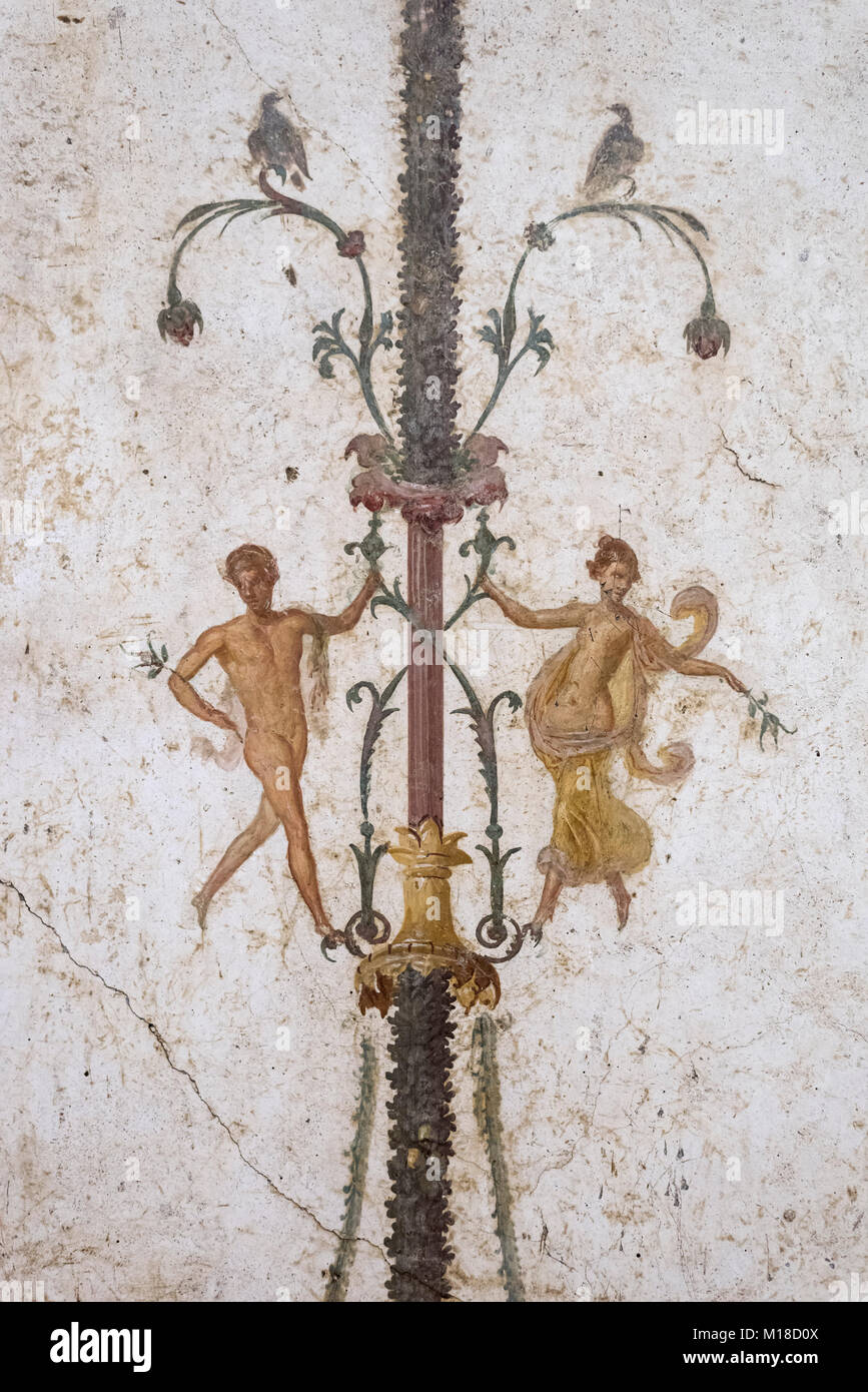 Naples. Italy. Fragment of fresco (detail) with miniature couple dancing around a candlestick, from the triclinium of Villa di Arianna in Castellammar Stock Photo