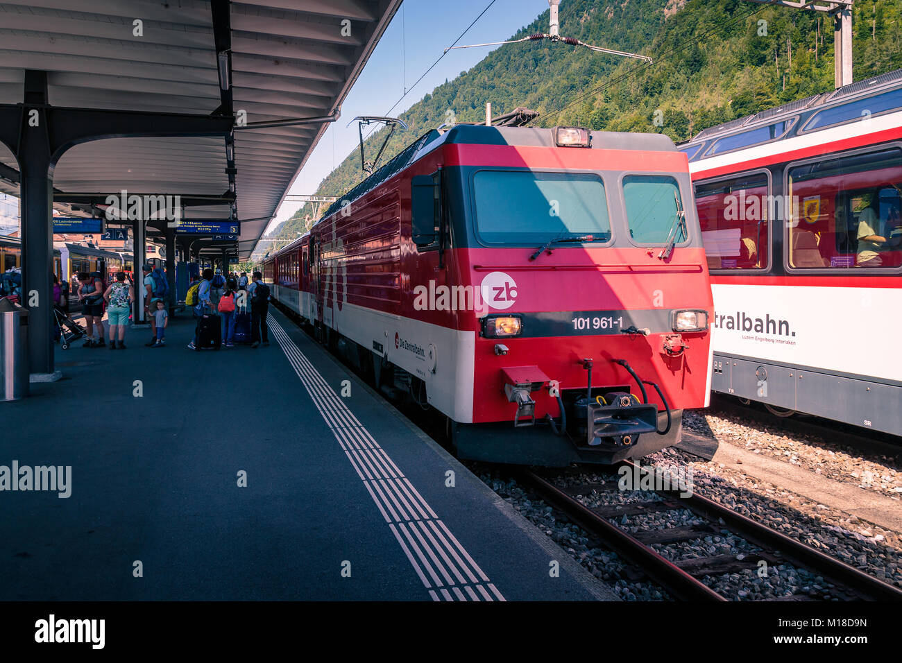Interlaken, Bernese Oberland, Switzerland - AUGUST 5, 2017 : Zentralbahn train from Interlaken to Luzern Stock Photo