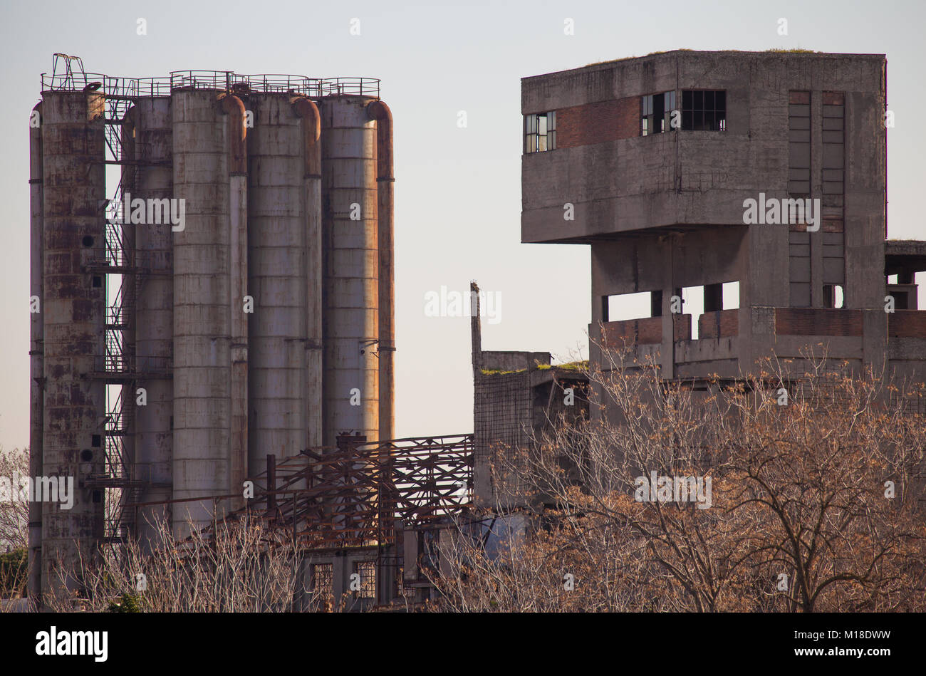 ARCHEOLOGY OF INDUSTRIAL ARCHITECTURE: OLD SILOS AND FACTORY STRUCTURE IN OSTIENSE DISTRICT (ROME, ITALY) Stock Photo