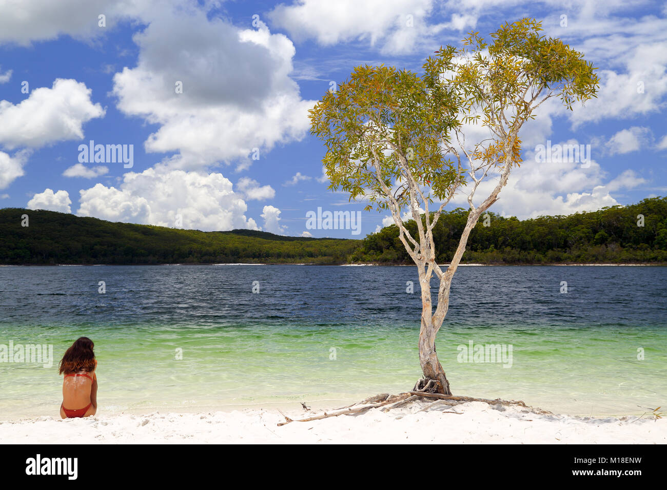 A tanned girl pondering life beside Lake McKenzie on Fraser Island. Stock Photo