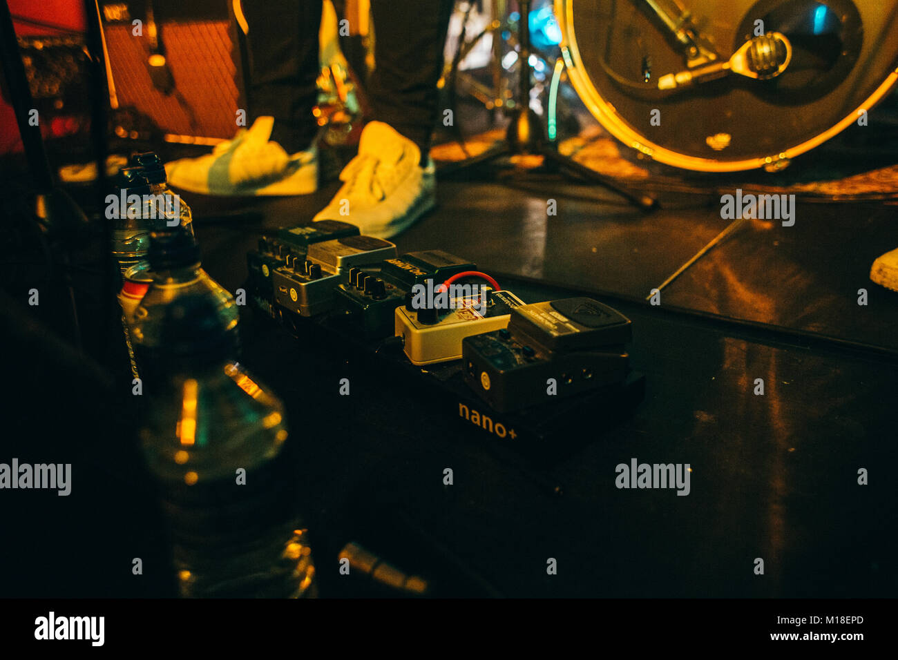 Guitar foot pedals on stage, Cardiff, 23/1/18 Stock Photo