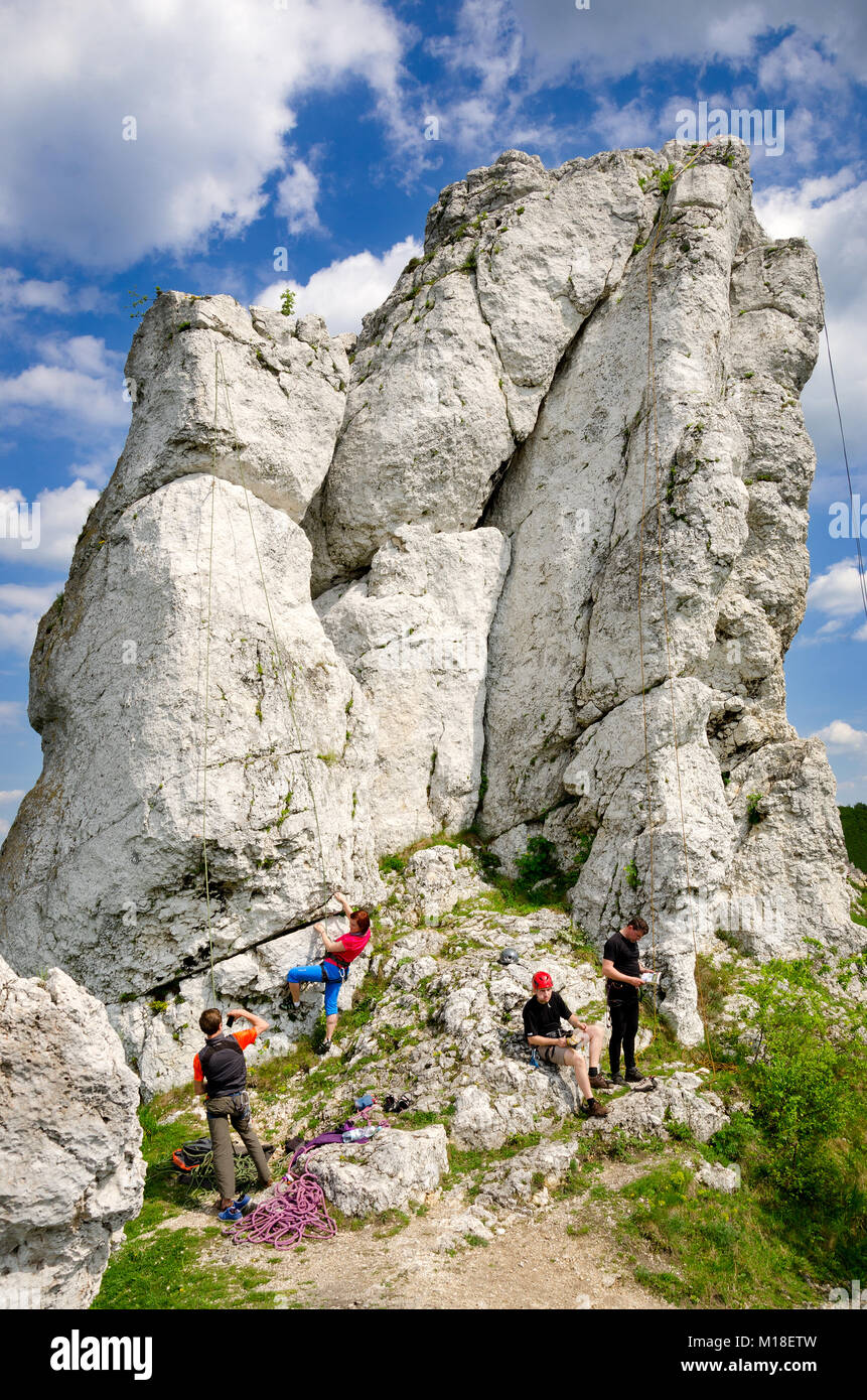 Three-toed crag, Rocky hills of Rzedkowice, popular climbing area, Polish Jurassic Highland, Silesian voivodeship, Poland, Europe. Stock Photo