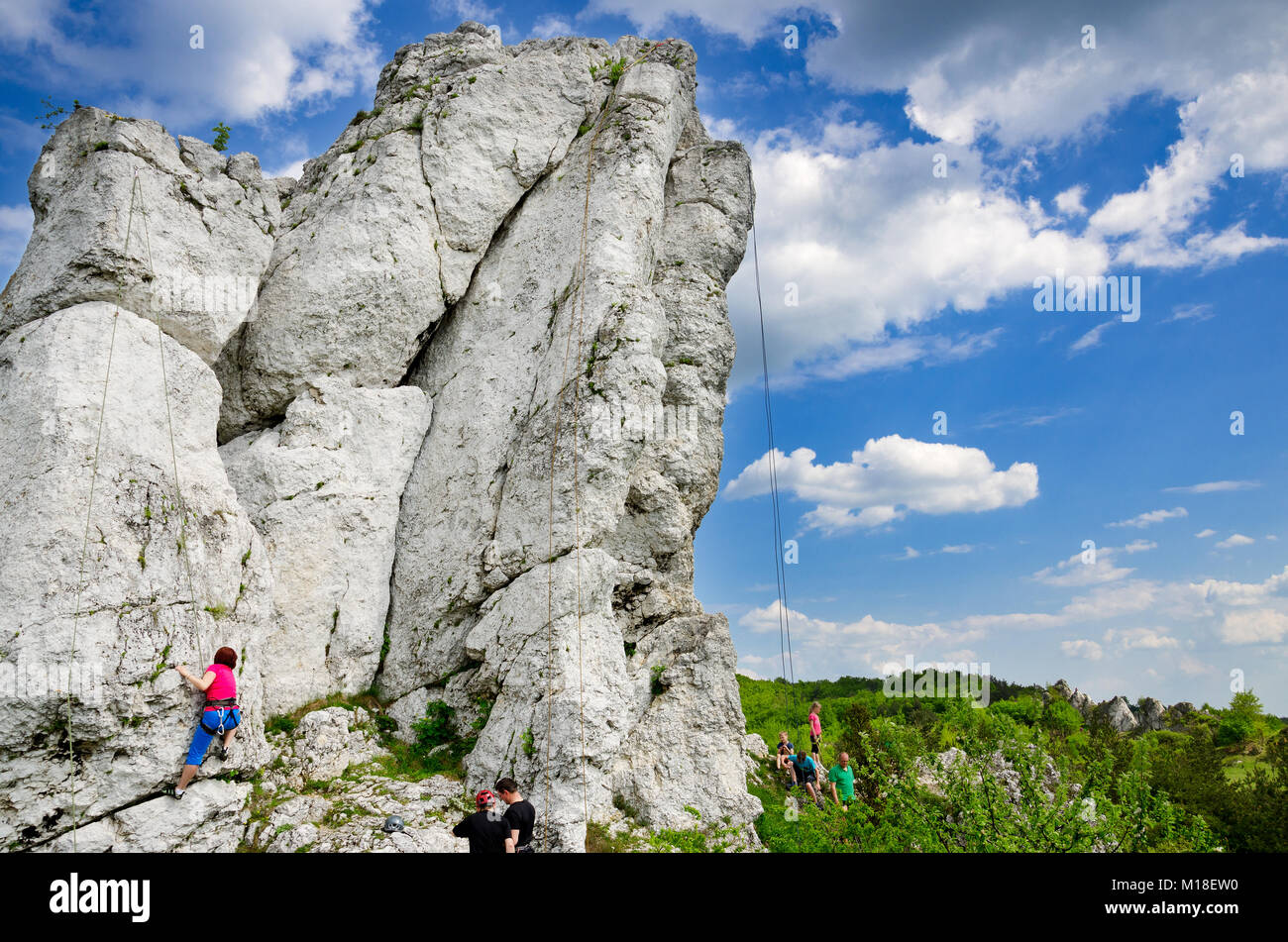 Three-toed crag, Rocky hills of Rzedkowice, popular climbing area, Polish Jurassic Highland, Silesian voivodeship, Poland, Europe. Stock Photo