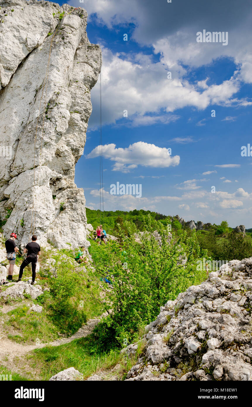 Three-toed crag, Rocky hills of Rzedkowice, popular climbing area, Polish Jurassic Highland, Silesian voivodeship, Poland, Europe. Stock Photo