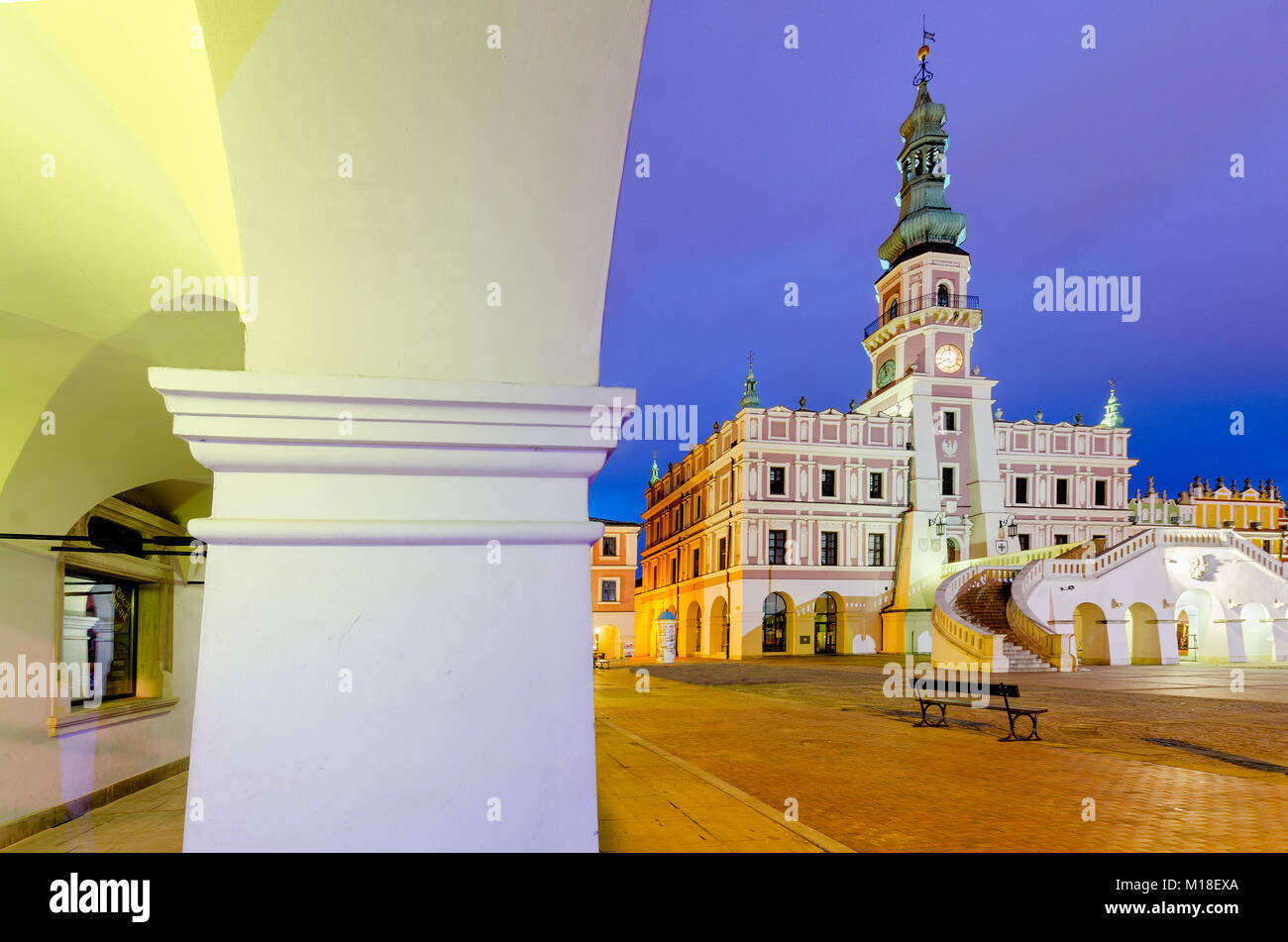 Zamosc city hall on Great Market Square, Lublin voivodship, Poland, Europe. Stock Photo