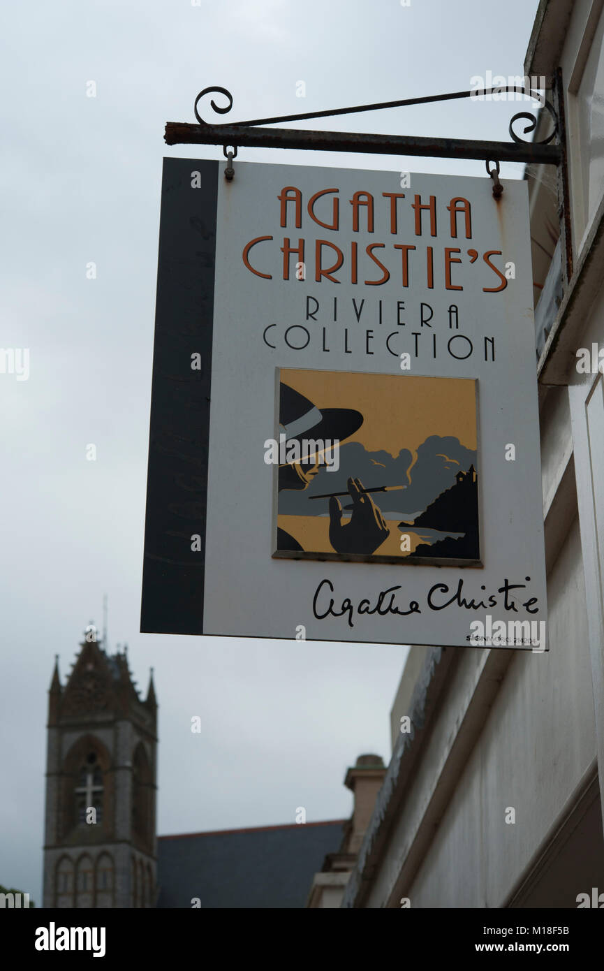 Sign above Riviera Collection shop in Torquay Devon specialising in Agatha Christie memorabilia Stock Photo