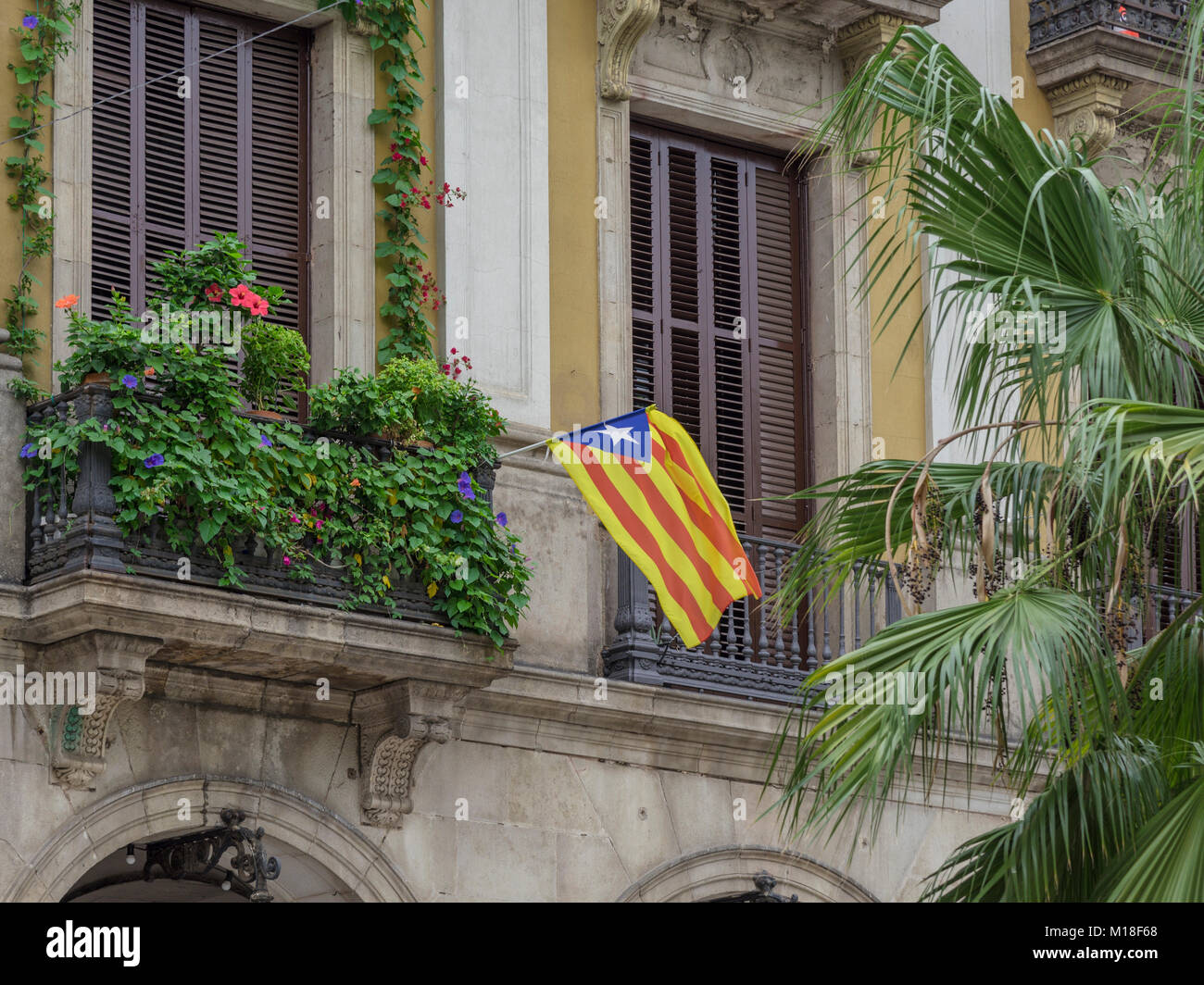 Catalan flag at the window,Barcelona,Catalonia,Spain Stock Photo