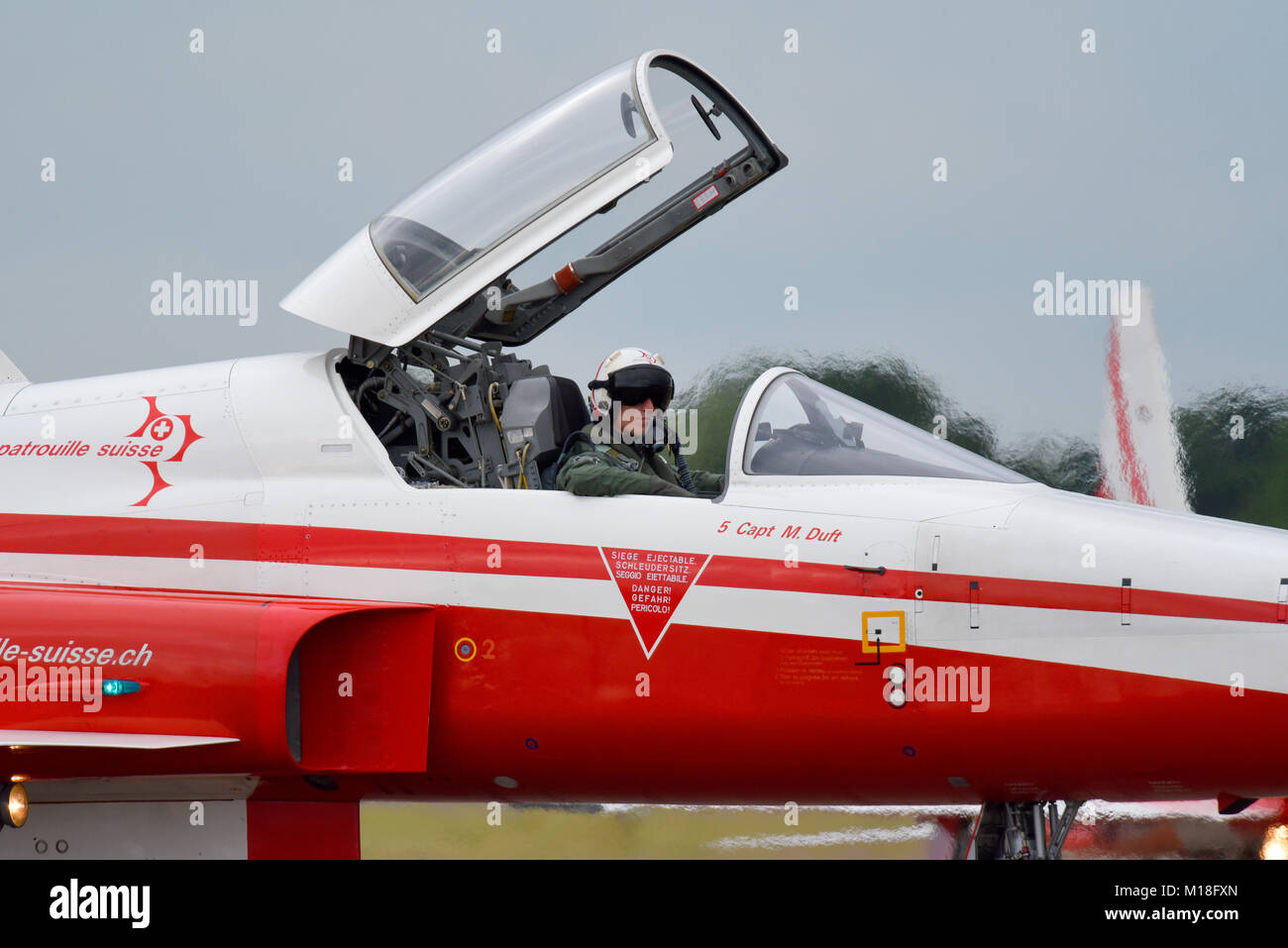 Patrouille Suisse aerobatic team of the Swiss Air Force. The team flies six Northrop F-5E Tiger II fighter jet planes. Pilot Captain M Duft Stock Photo