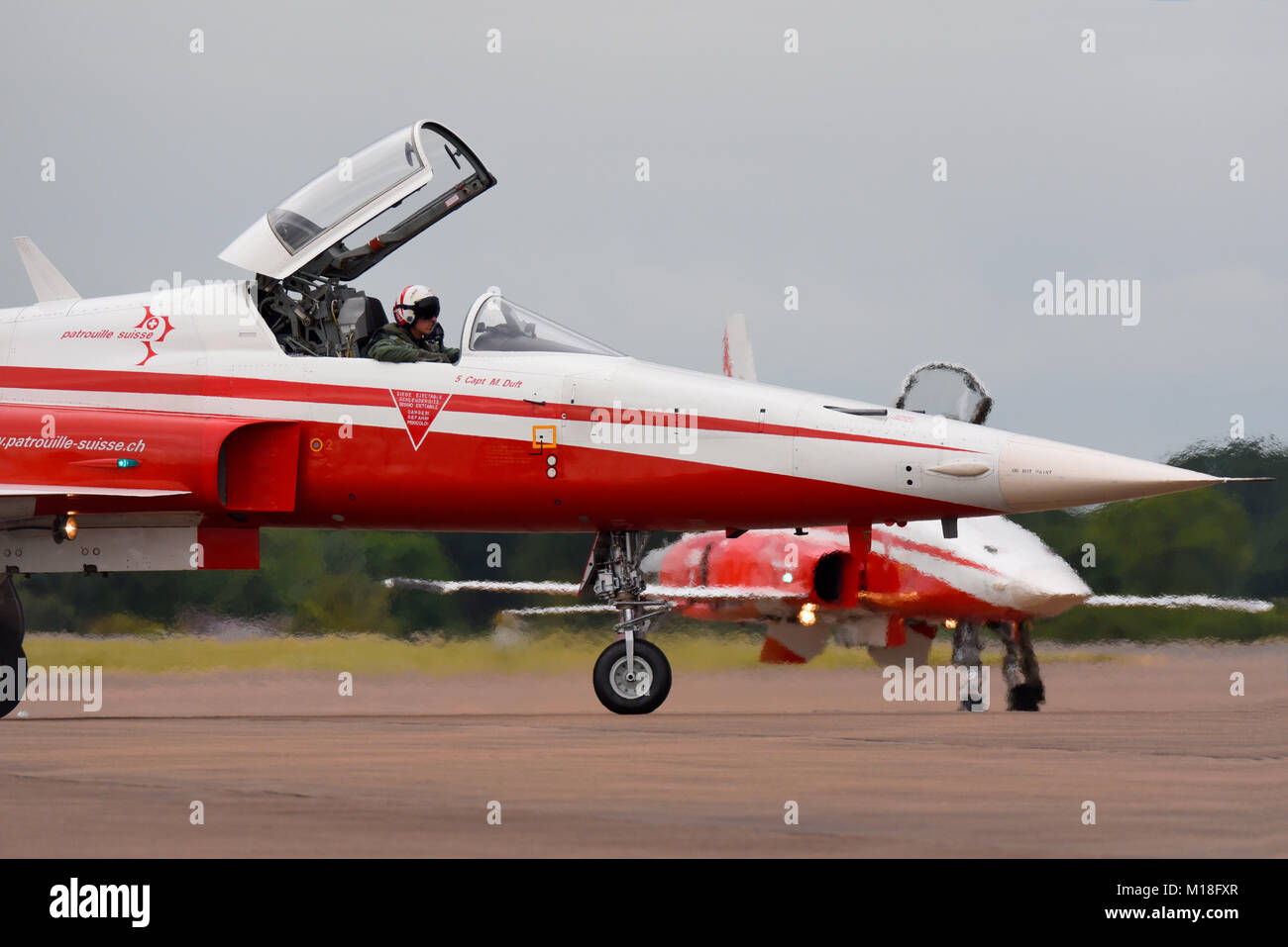 Patrouille Suisse aerobatic team of the Swiss Air Force. The team flies six Northrop F-5E Tiger II fighter jet planes. Pilot Captain M Duft Stock Photo