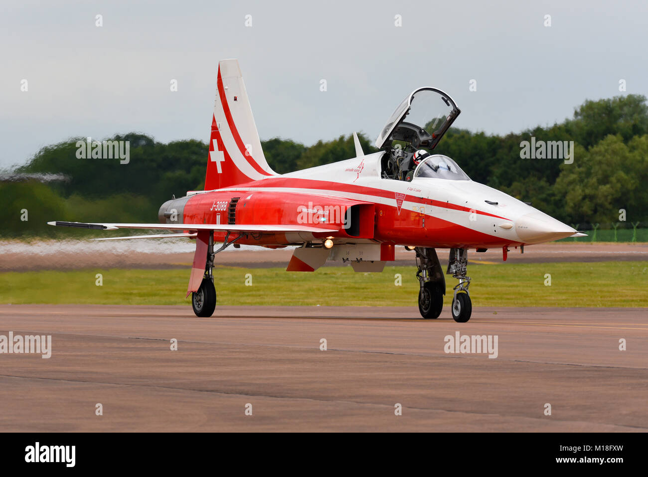 Patrouille Suisse aerobatic team of the Swiss Air Force. The team flies six Northrop F-5E Tiger II fighter jet planes Stock Photo