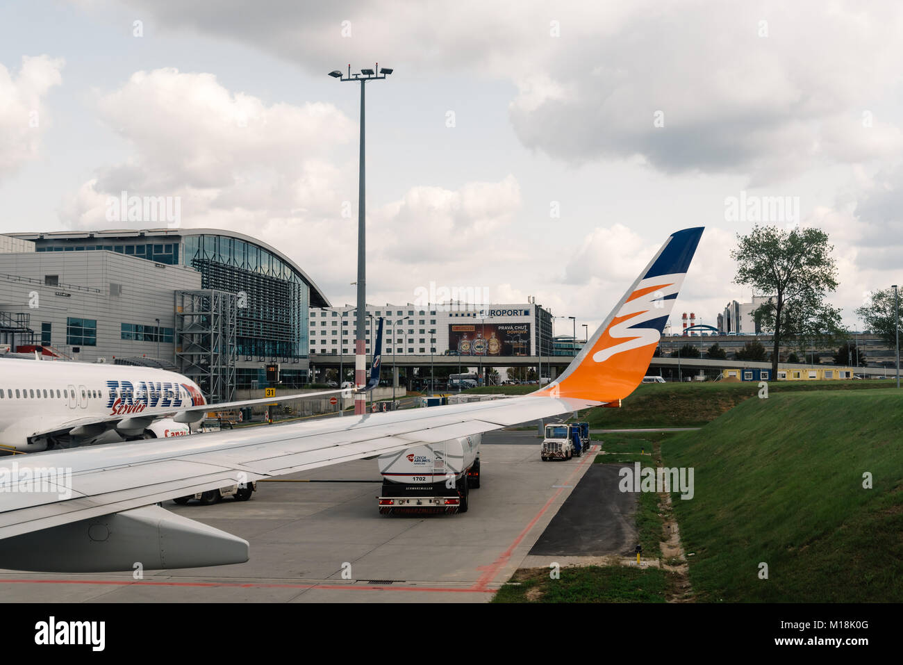 Prague, Czech Republic - August 22, 2017: Airplanes in runway of Vaclav Havel Prague Airport Stock Photo