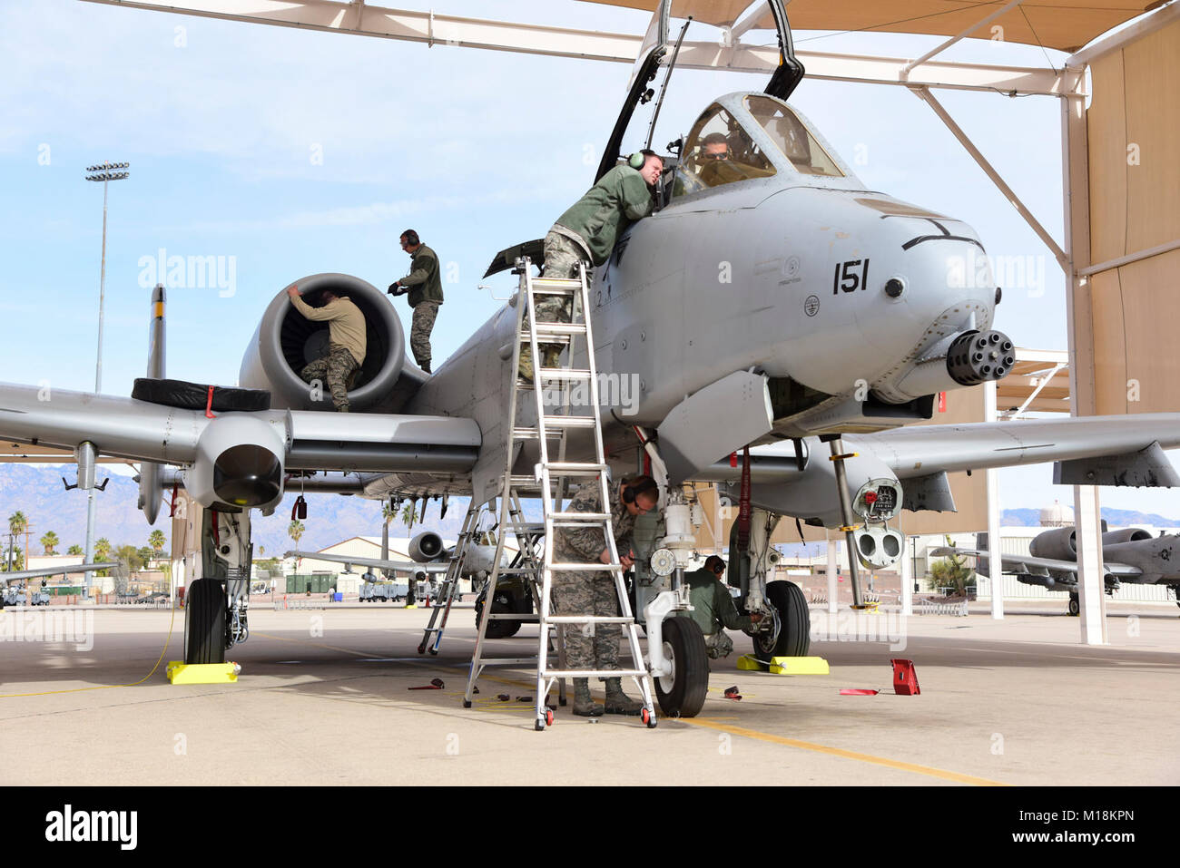 The A-10C Thunderbolt II Demonstration Team conducts a post-flight inspection at Davis-Monthan Air Force Base, Ariz., Jan. 22, 2018. The A-10 Demo Team and A-10 Heritage Flight pilots are scheduled to support a Heritage Flight flyover during the opening ceremonies of Super Bowl LII in Minneapolis, Minnesota. (U.S. Air Force Stock Photo
