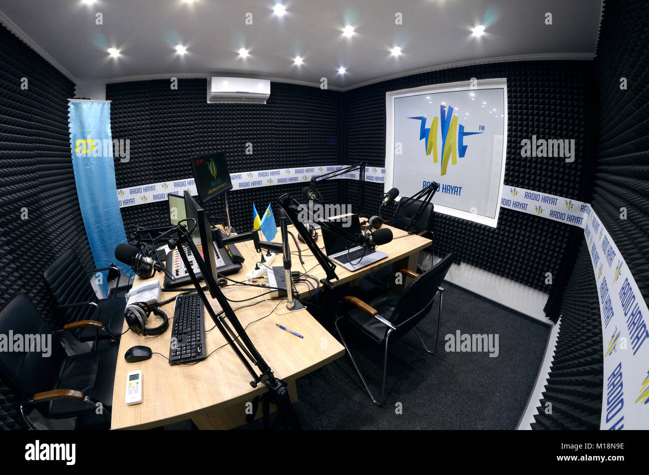 Radio studio. Computers, microphones, audio mixer control panels prepared for radio marathon to