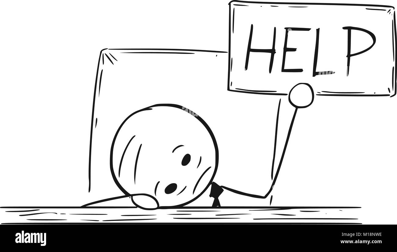 conceptual cartoon of depressed businessman with help sign stock helpsign