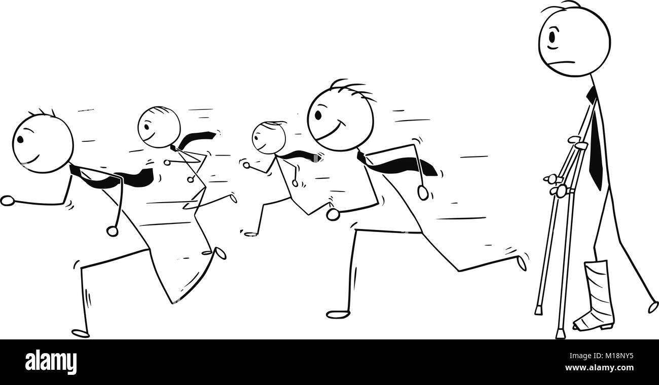 Conceptual Cartoon of Businessman with Broken Leg Watching Healthy Running Businessmen Running for Success Stock Vector