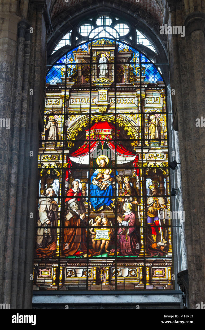 Ghent, Belgium - April 16, 2017: Stained glass window of the Saint Nicholas' Church in Ghent, Belgium Stock Photo