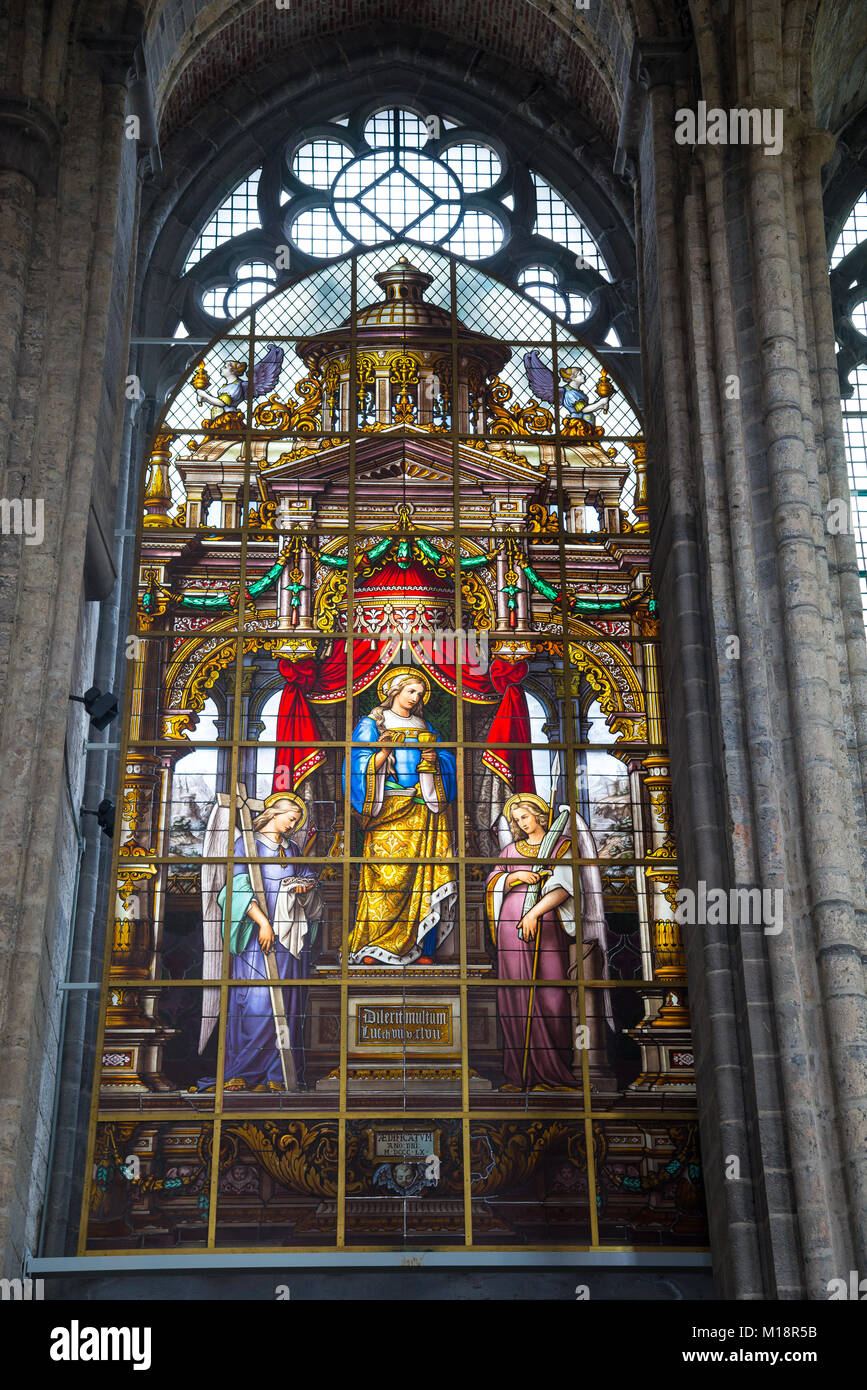 Ghent, Belgium - April 16, 2017: Stained glass window of the Saint Nicholas' Church in Ghent, Belgium Stock Photo