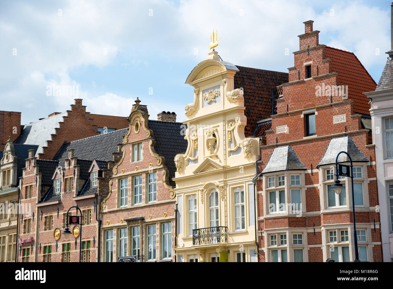 Ghent, Belgium - April 16, 2017: Row of historic colorful medieval buildings in Ghent, Belgium Stock Photo