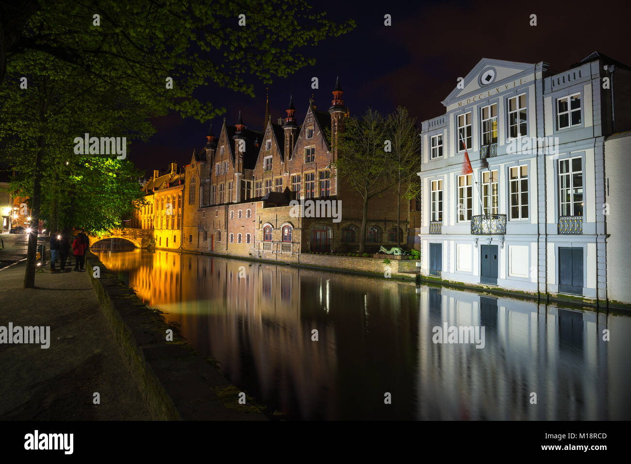 Night view of Bruges city, Belgium, nightshot of Brugge canals, traditional belgium architecture Stock Photo