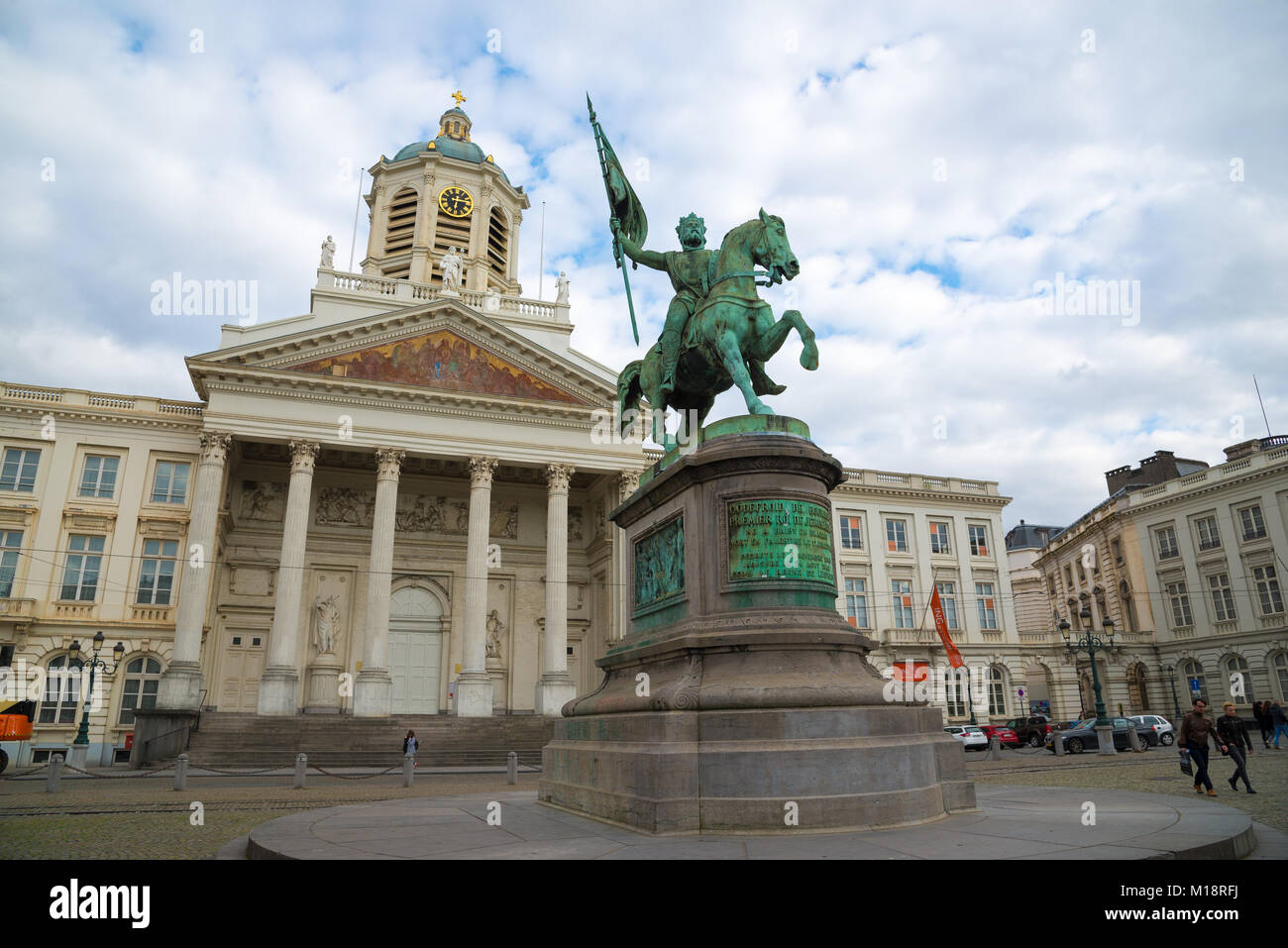 Brussels, Belgium - April 22, 2017: Godfrey of Bouillon statue and Church of Saint Jacques-sur-Coudenberg in Royal Square, Brussels, Belgium. Stock Photo