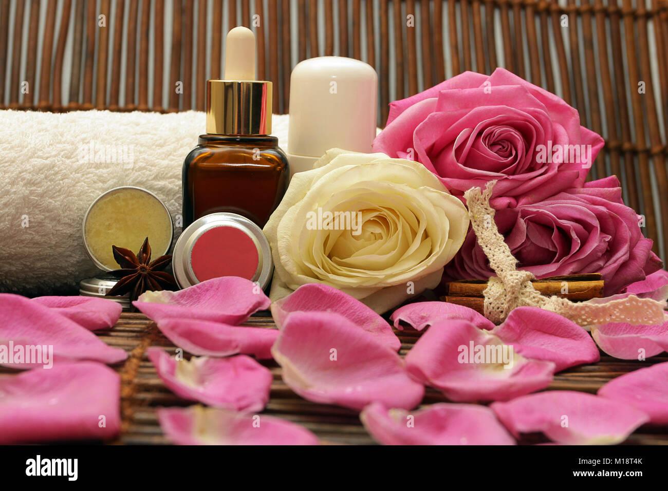 Natural cosmetics with pink roses, petals, honey and cinnamon Stock ...