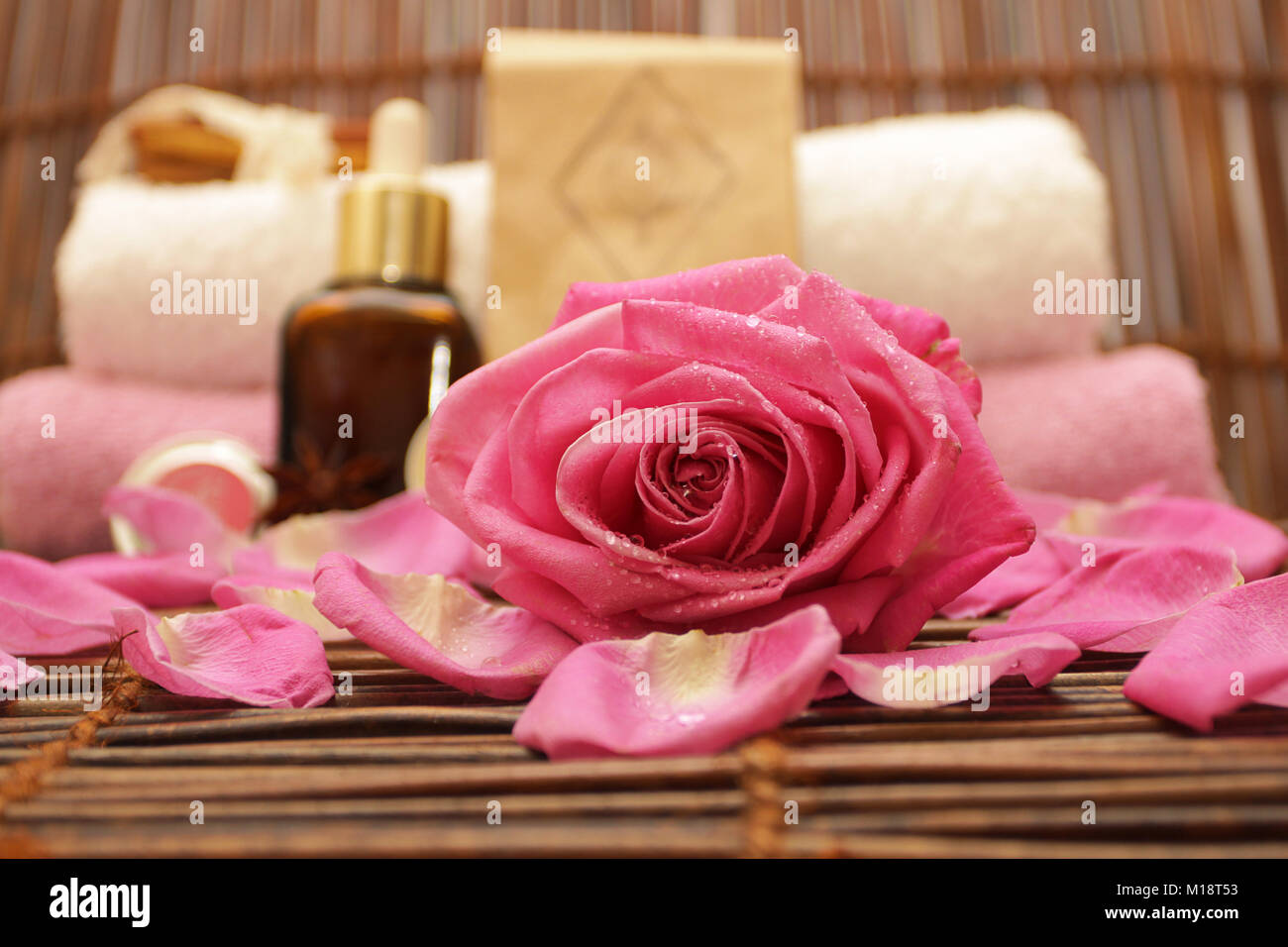 Spa background with rose, cosmetics, accessories Stock Photo