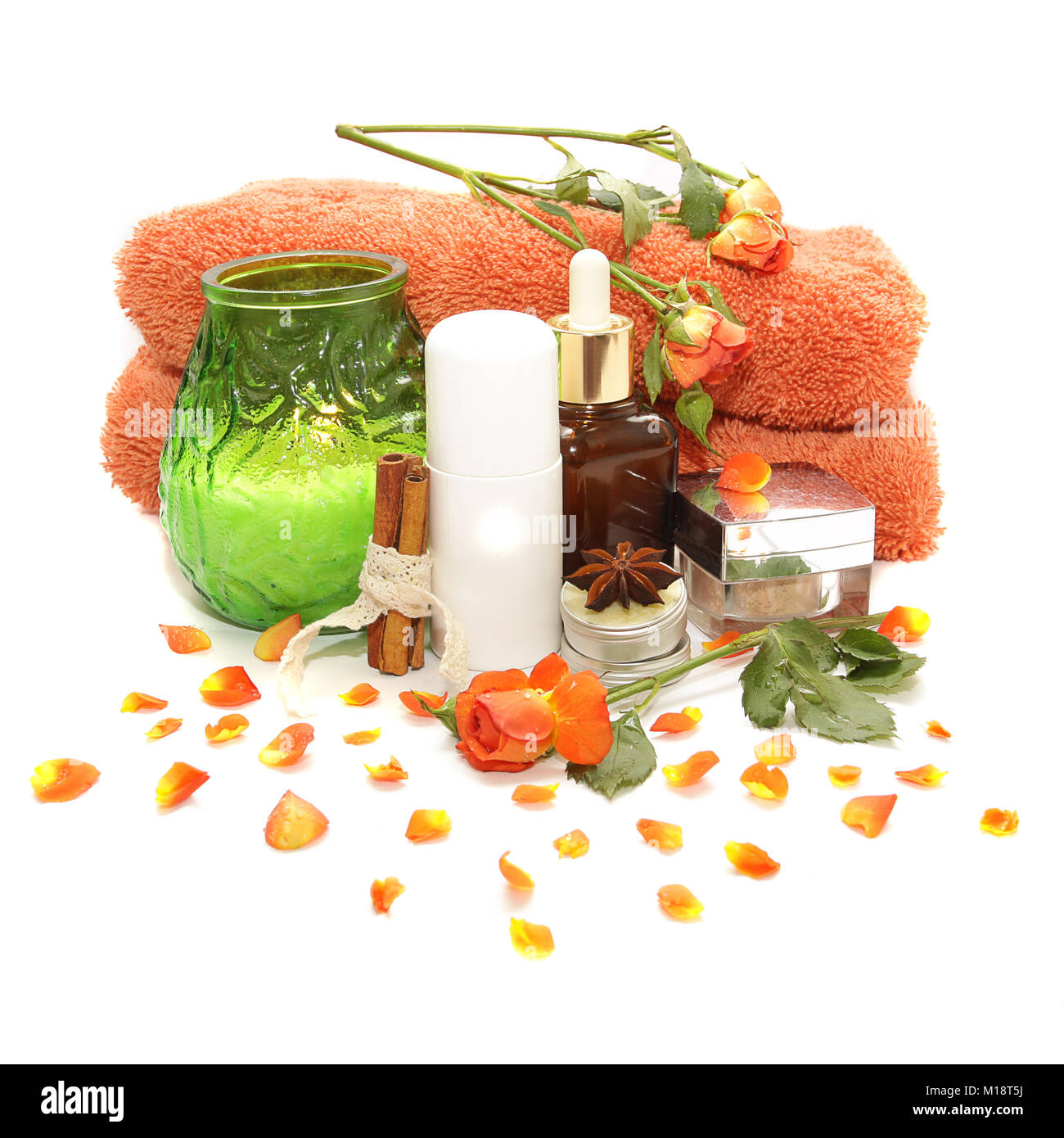 Spa products, cosmetics, accessories, pink and orange roses Stock Photo