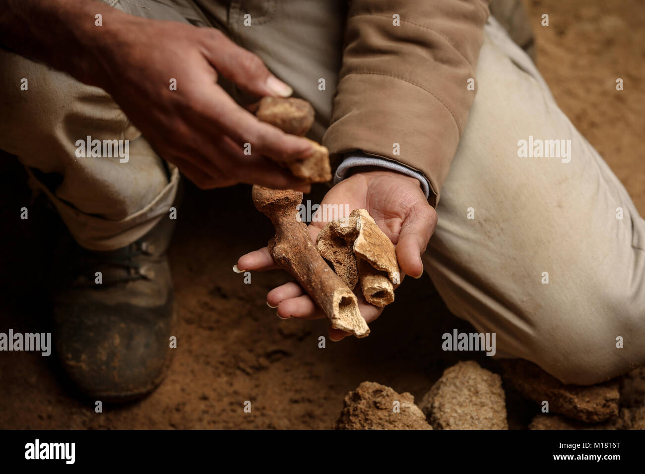 Beit Hanoun, Gaza. 27th Jan, 2018. A Palestinian man holds pottery fragments at a freshly-discovered cemetery which was found by Abdelkarim al-Kafarna in his backyard in town of Beit Hanoun, in the northern Gaza strip on January 27, 2018. Experts said the graves were part of a loculus tomb that possibly dates from the late Roman-Byzantine era in the fourth to sixth century CE where Gaza was part of the far-flung Roman Empire. Credit: Nidal Alwaheidi/Pacific Press/Alamy Live News Stock Photo