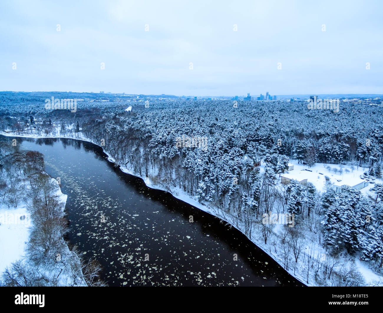 Vilnius, Lithuania: aerial top view of Neris river and Vingis park in winter Stock Photo