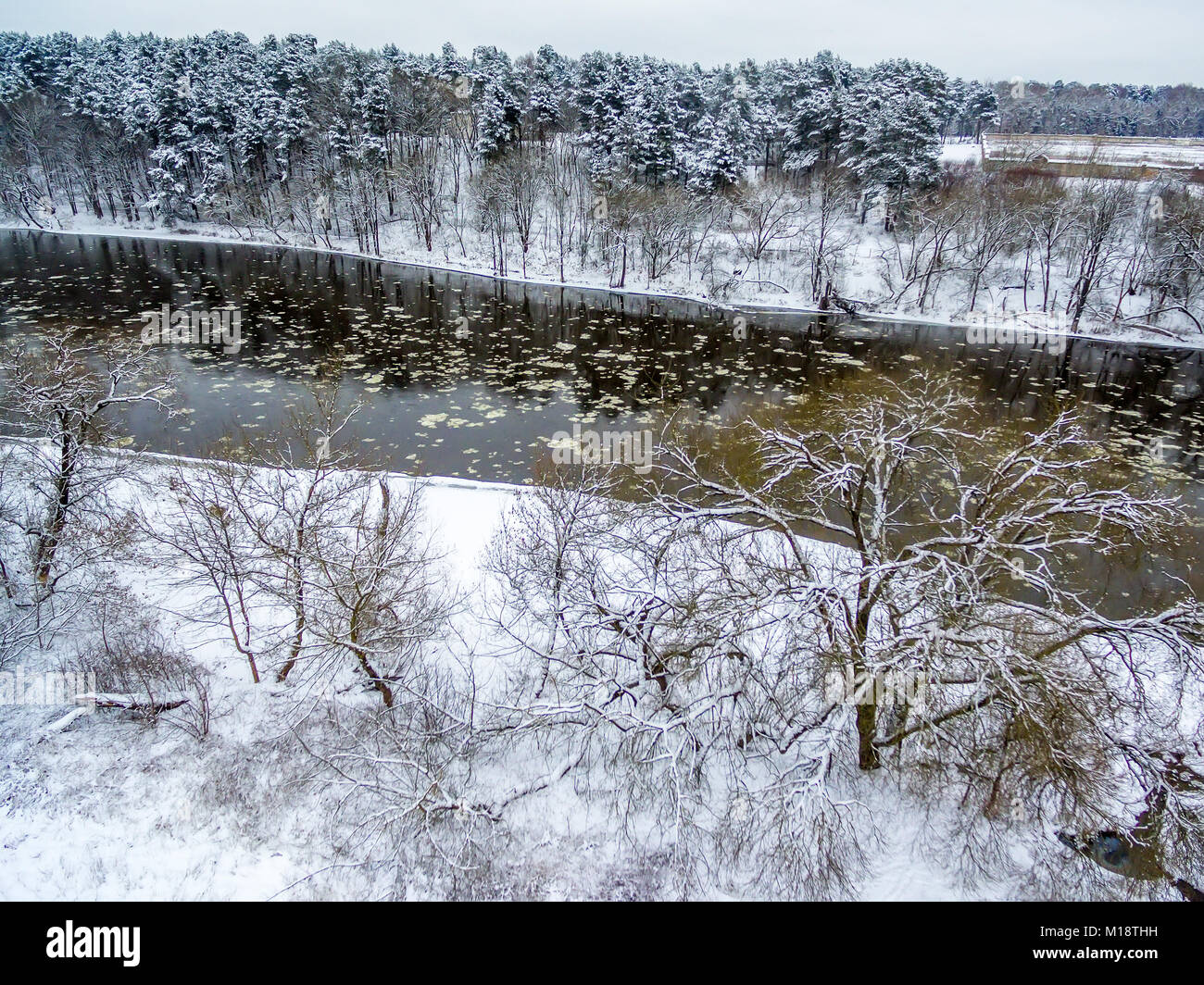 Vilnius, Lithuania: aerial top view of ice drift in Neris river Stock Photo