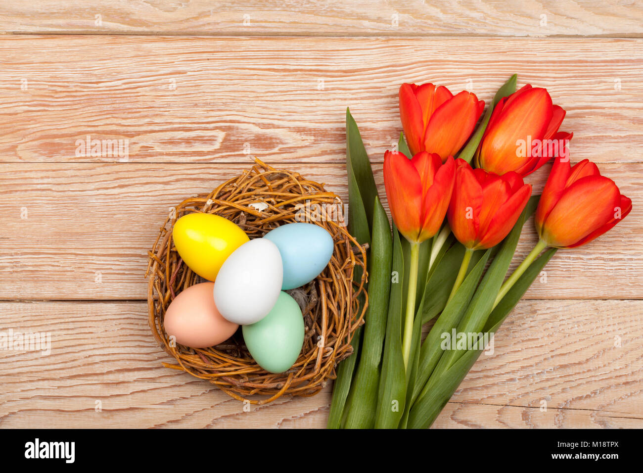 Easter Eggs in a box with colorful red tulips and pink ribbon Stock Photo