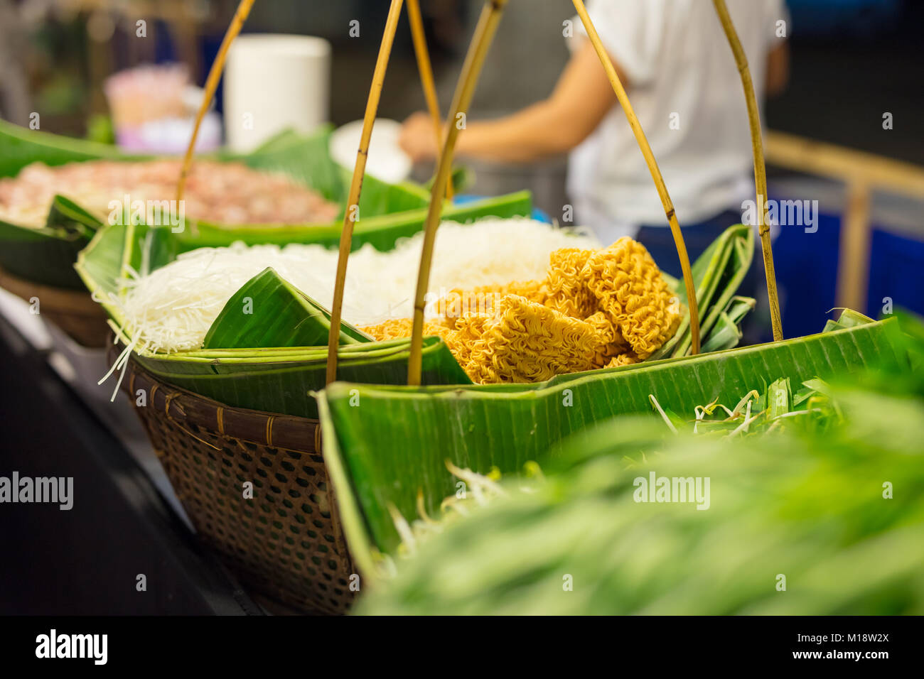 Noodles And Veggies Displayed In Food Market Stock Photo