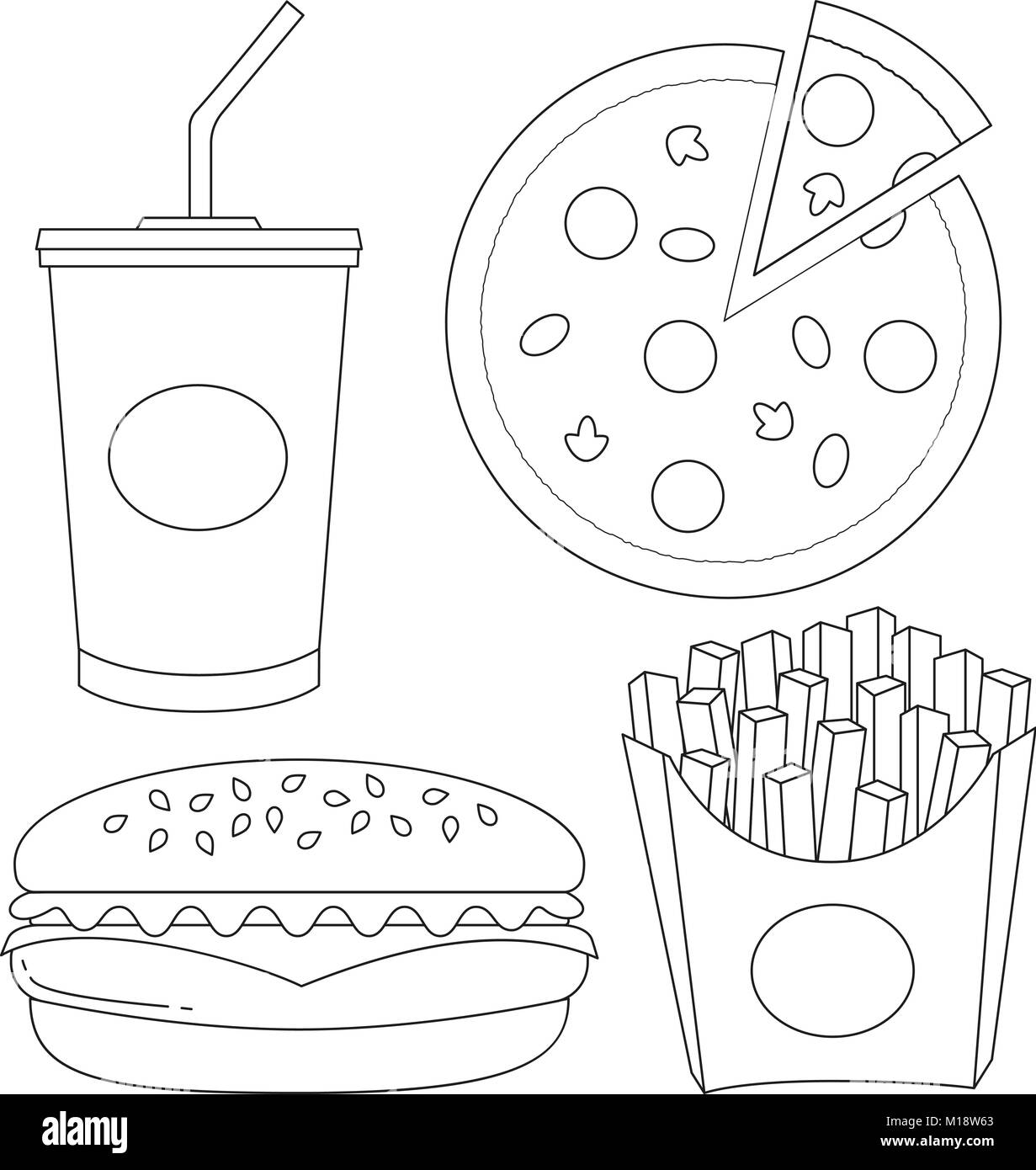 Black and white fast food icon set Stock Vector