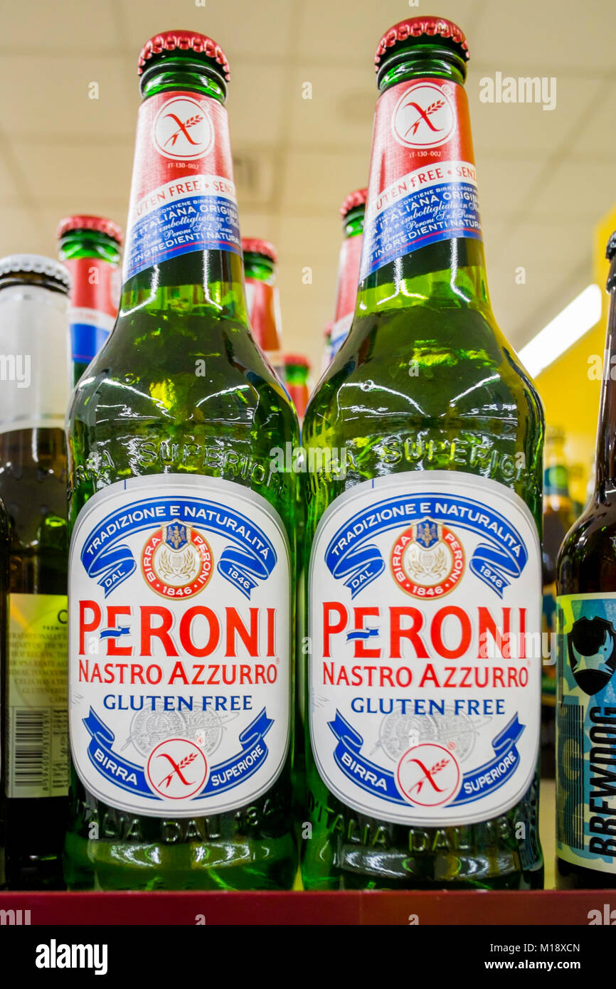 For sale in a UK supermarket Italian Peroni Nastro Azzurro lager beer,  Gluten Free version Stock Photo - Alamy