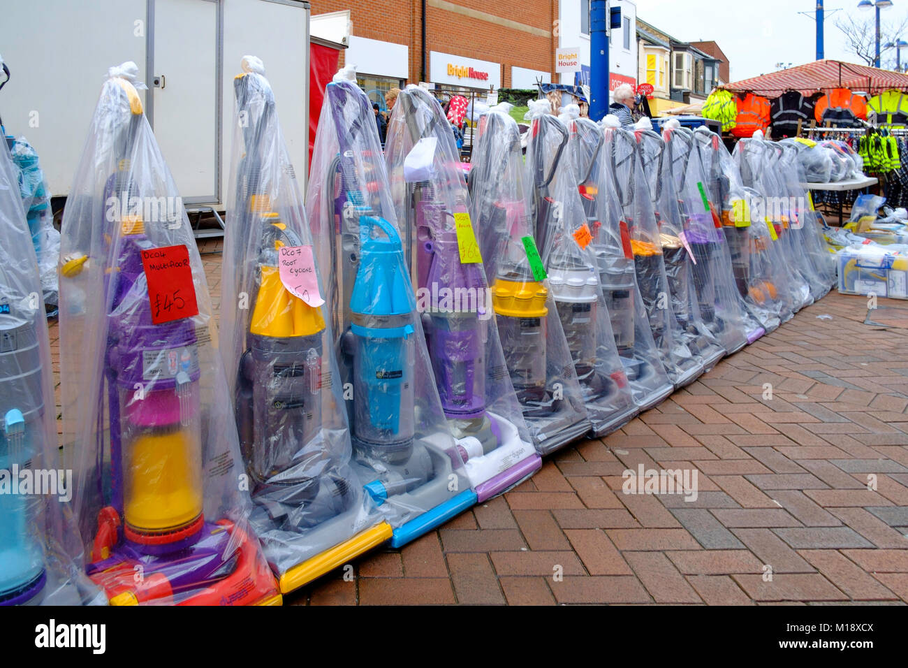 A line up of refurbished Dyson Vacuum cleaners for sale in a weekly market Stock Photo Alamy