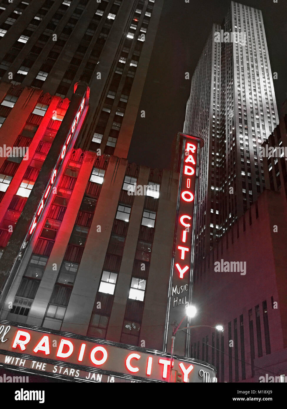 Radio City Music Hall in Rockefeller Center at Night, NYC, USA Stock Photo