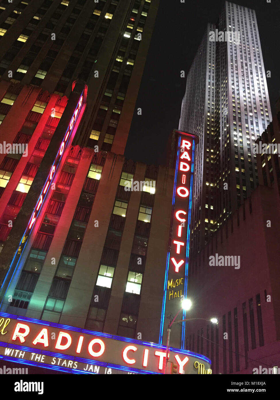 Radio City Music Hall in Rockefeller Center at Night, NYC, USA Stock Photo