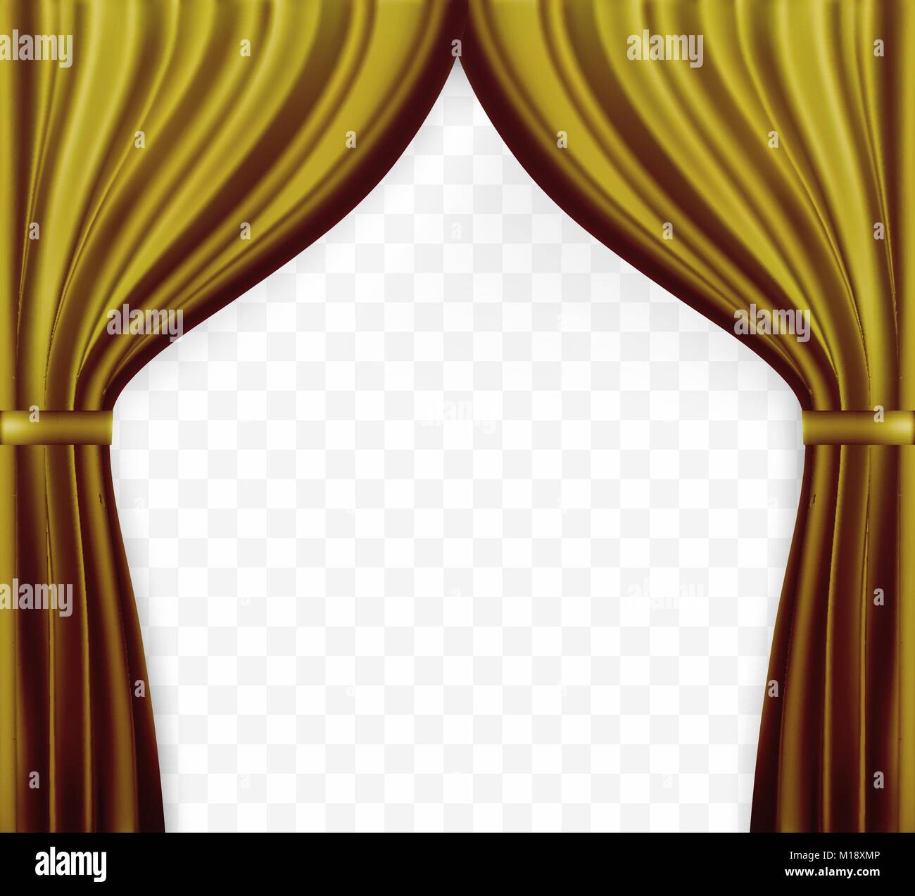 Naturalistic image of Curtain, open curtains Gold color on transparent background. Vector Illustration. Stock Vector