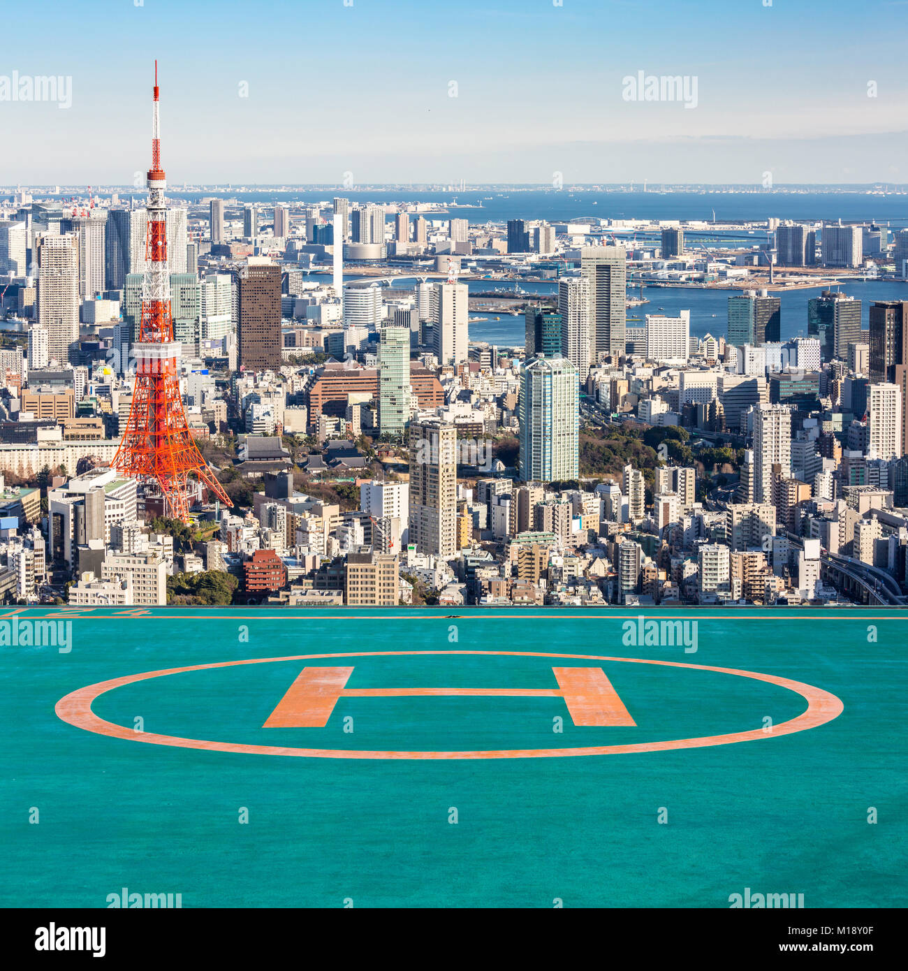 Tokyo Tower with skyline in Tokyo Japan with helipad Stock Photo