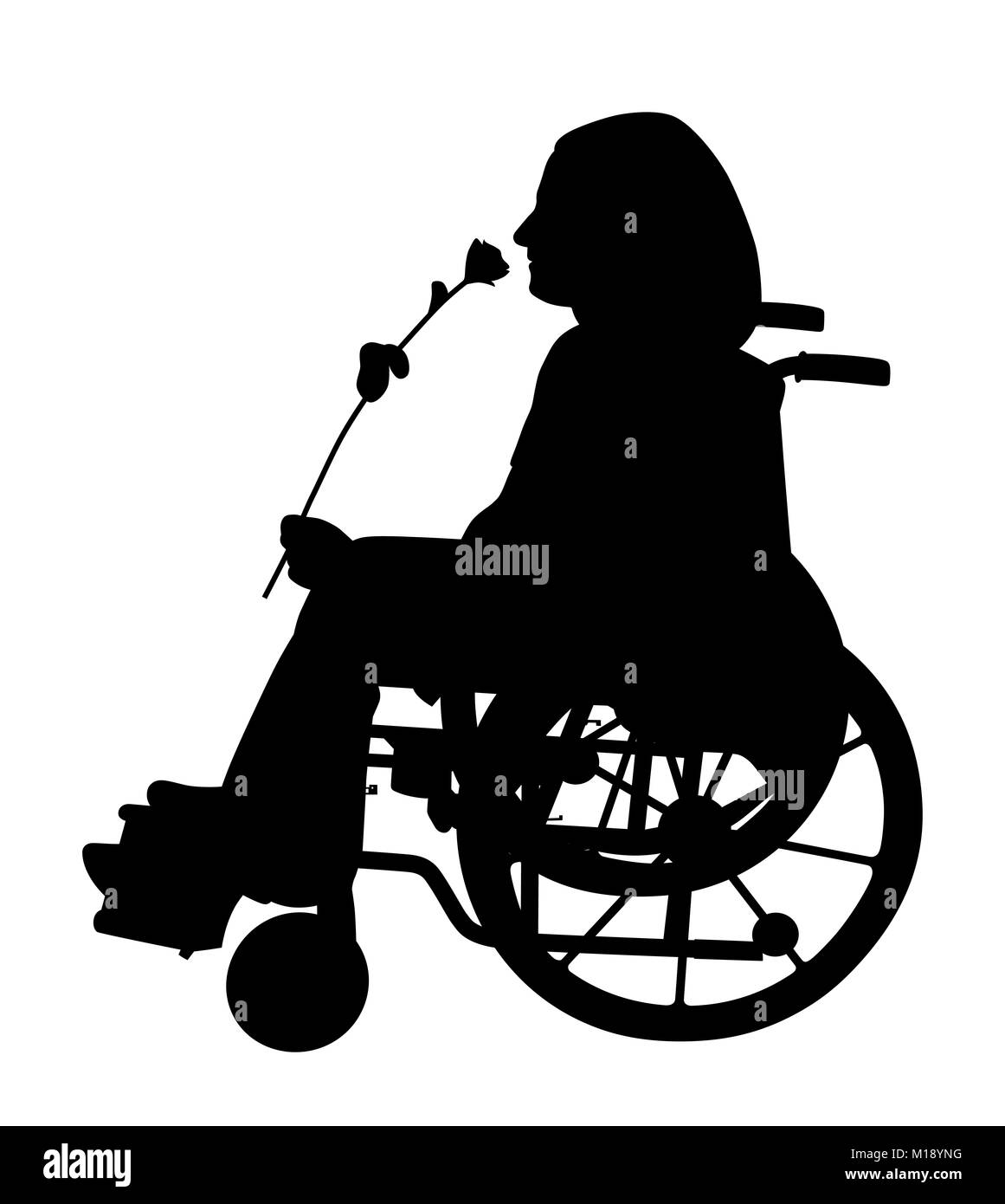 Disabled person in wheelchair smelling rose and waiting for someone to come Stock Photo