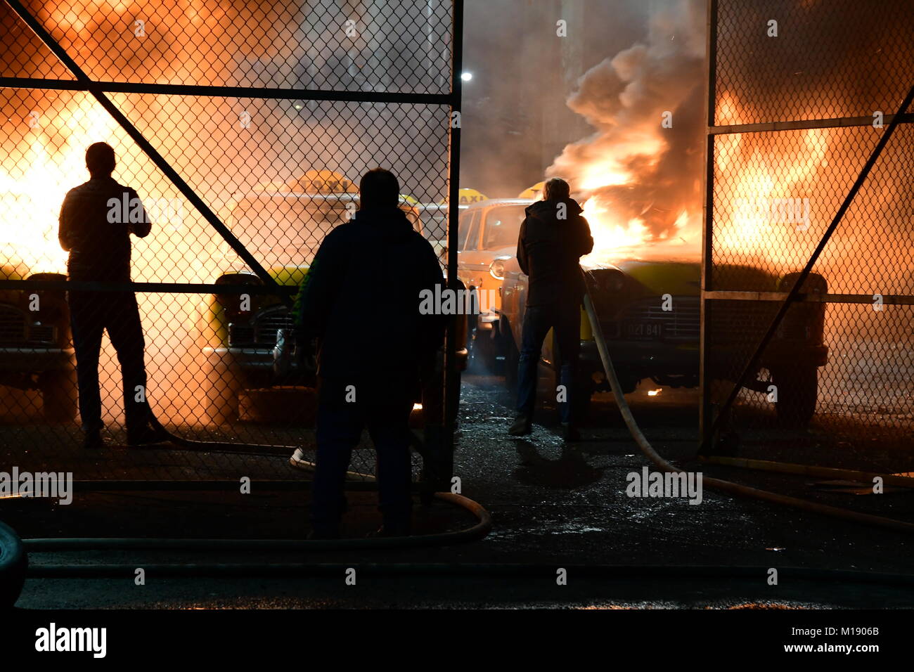 New York City, United States. 27th Jan, 2018. Filming continued with a bang on Martin Scorsese's 66th motion picture as director, 'The Irishman,' as pyrotechnic shots were completed in Brooklyn's Gowanus neighborhood. The film stars Robert De Niro, Joe Pesci and Al Pacino, and which depicts an aging hitman's recollection of assassinating Teamster's boss Jimmy Hoffa. Credit: Andy Katz/Pacific Press/Alamy Live News Stock Photo
