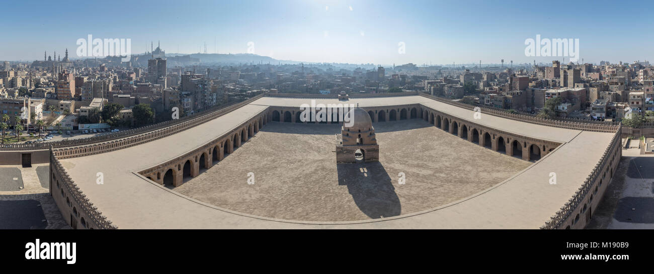 Panoramic View of Mosque of Ibn Tulun from Minaret, Cairo, Egypt Stock Photo