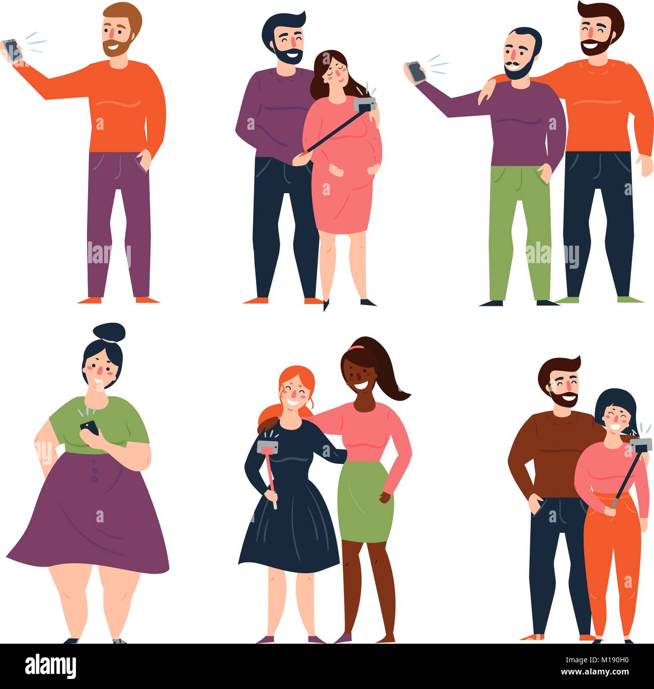 Young people and couples are taking selfie for instagram or social media, using selfie stick or holding camera in hand. Man and woman, two girls, guys Stock Vector Image & Art - Young people and couples are taking selfie for instagram or social media, using selfie stick or holding camera in hand. Man and woman, two girls, guys Stock Vector Image & Art -