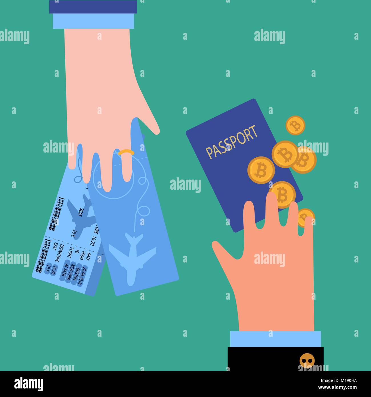 Man hand with passport and bitcoin cryptocurrency and woman with tickets.  Bussiness Guy is buying airplane tickets using electronic currency for  trave Stock Vector Image & Art - Alamy